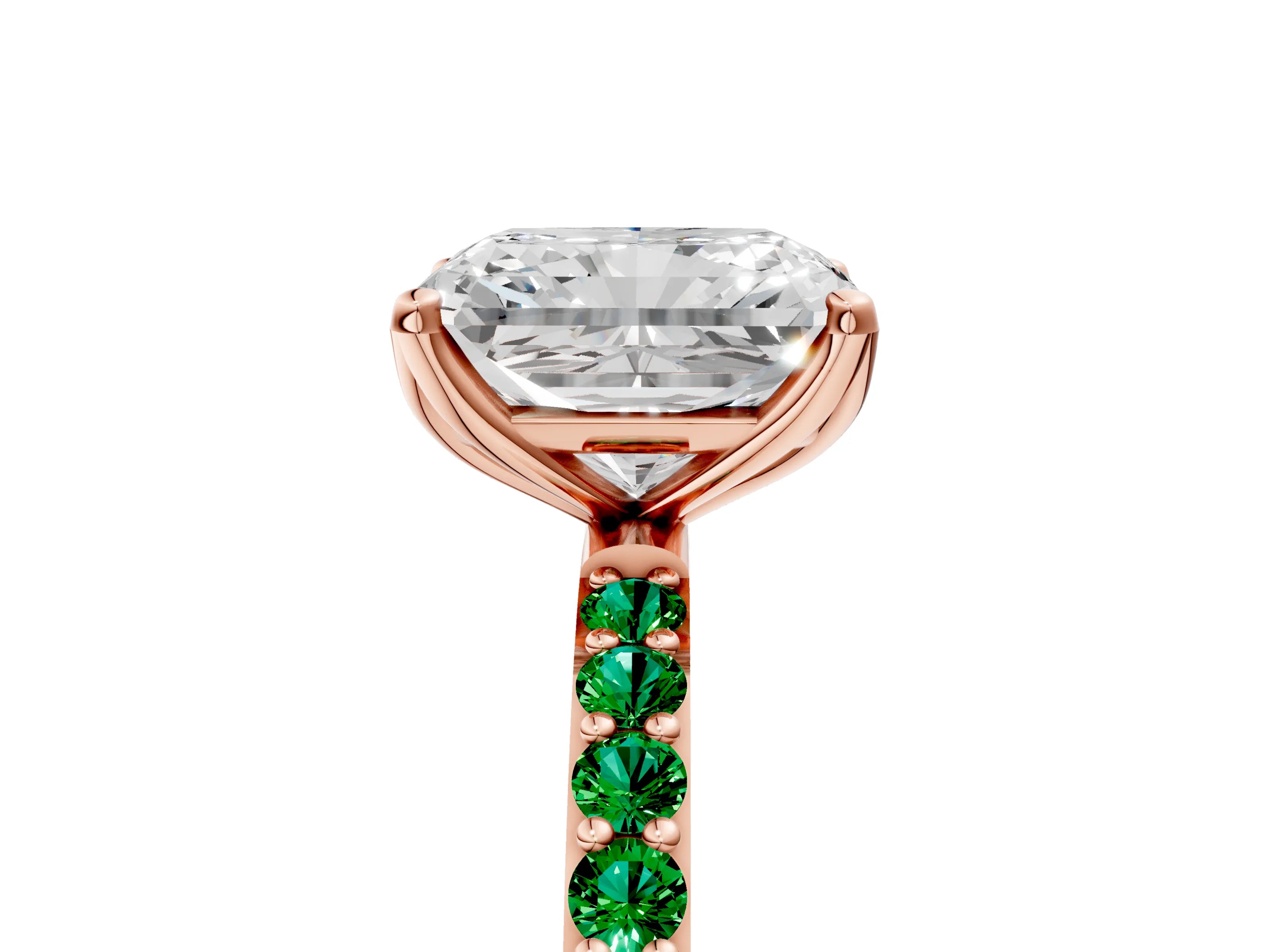 Rose gold Radiant Cut Diamond Solitaire Engagement Ring with Round with Emerald side stone Pavé Band and Prong Setting_5