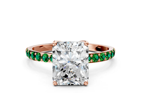 Rose gold Radiant Cut Diamond Solitaire Engagement Ring with Round with Emerald side stone Pavé Band and Prong Setting