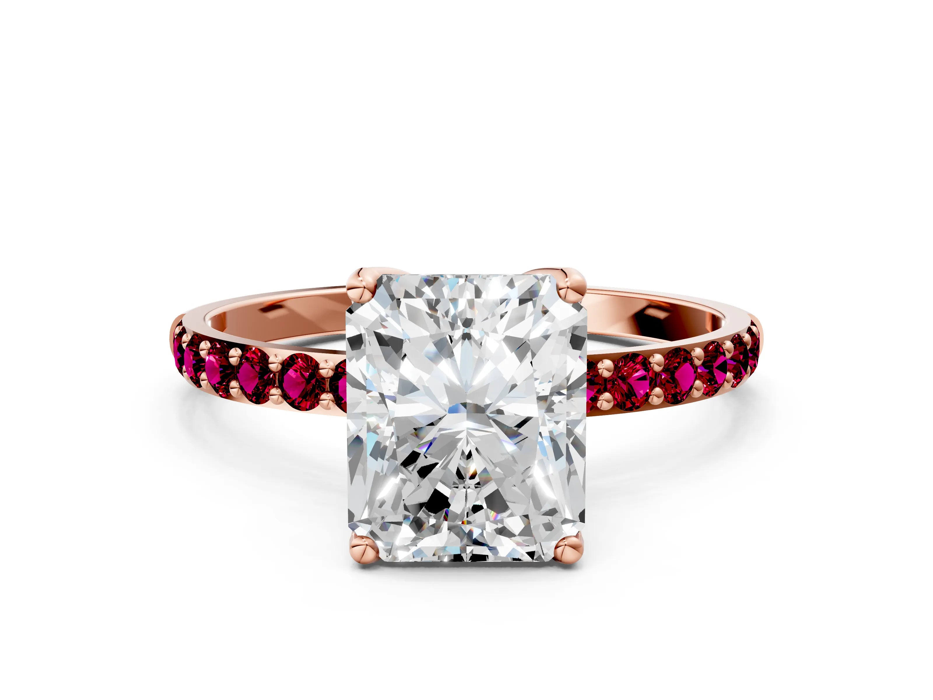 Rose gold Radiant Cut Diamond Solitaire Engagement Ring with Round with Garnet side stone Pavé Band and Prong Setting