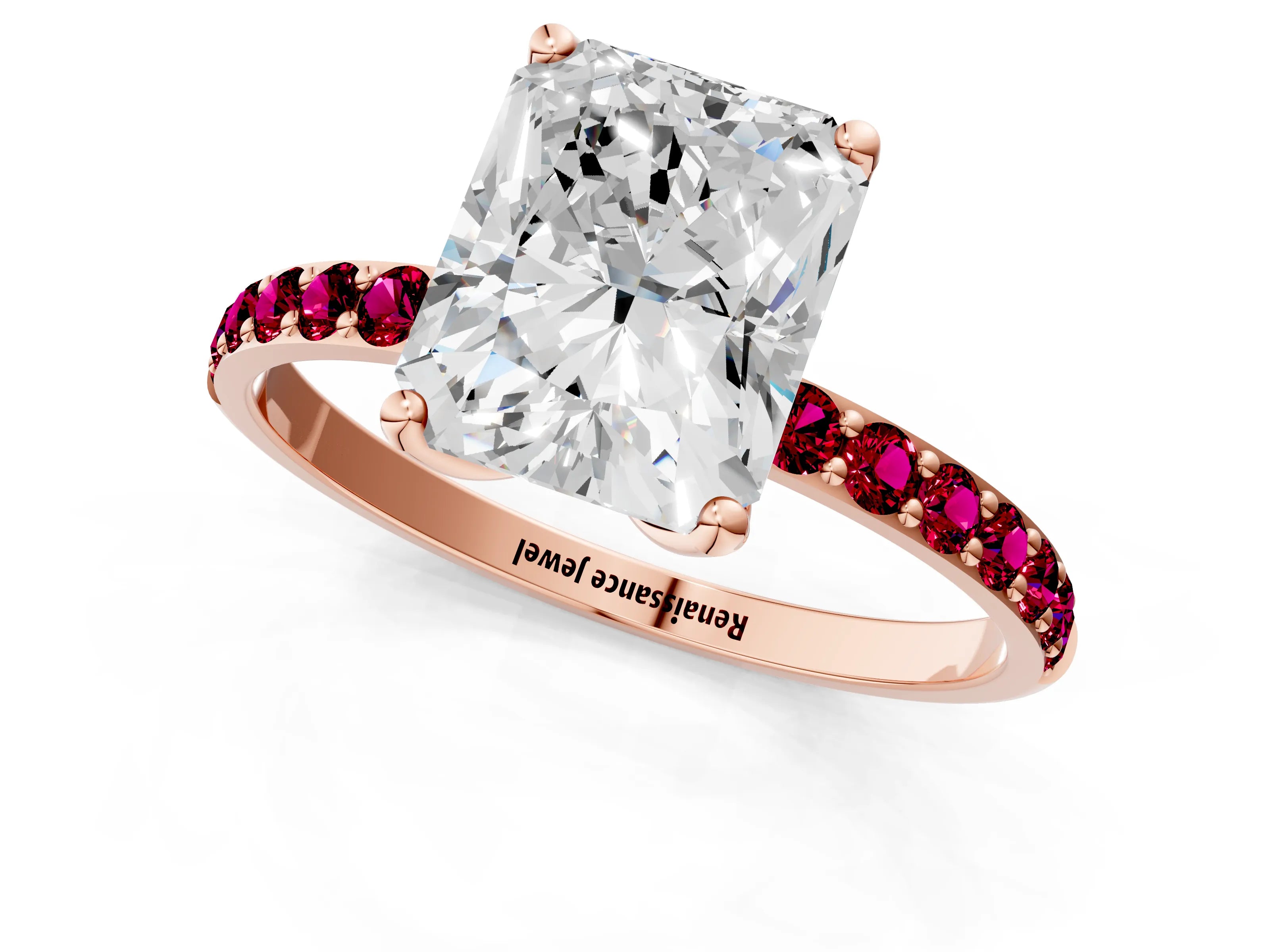 Rose gold Radiant Cut Diamond Solitaire Engagement Ring with Round with Garnet side stone Pavé Band and Prong Setting_1