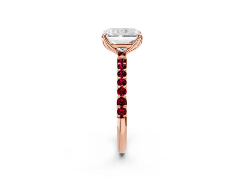 Rose gold Radiant Cut Diamond Solitaire Engagement Ring with Round with Garnet side stone Pavé Band and Prong Setting_2