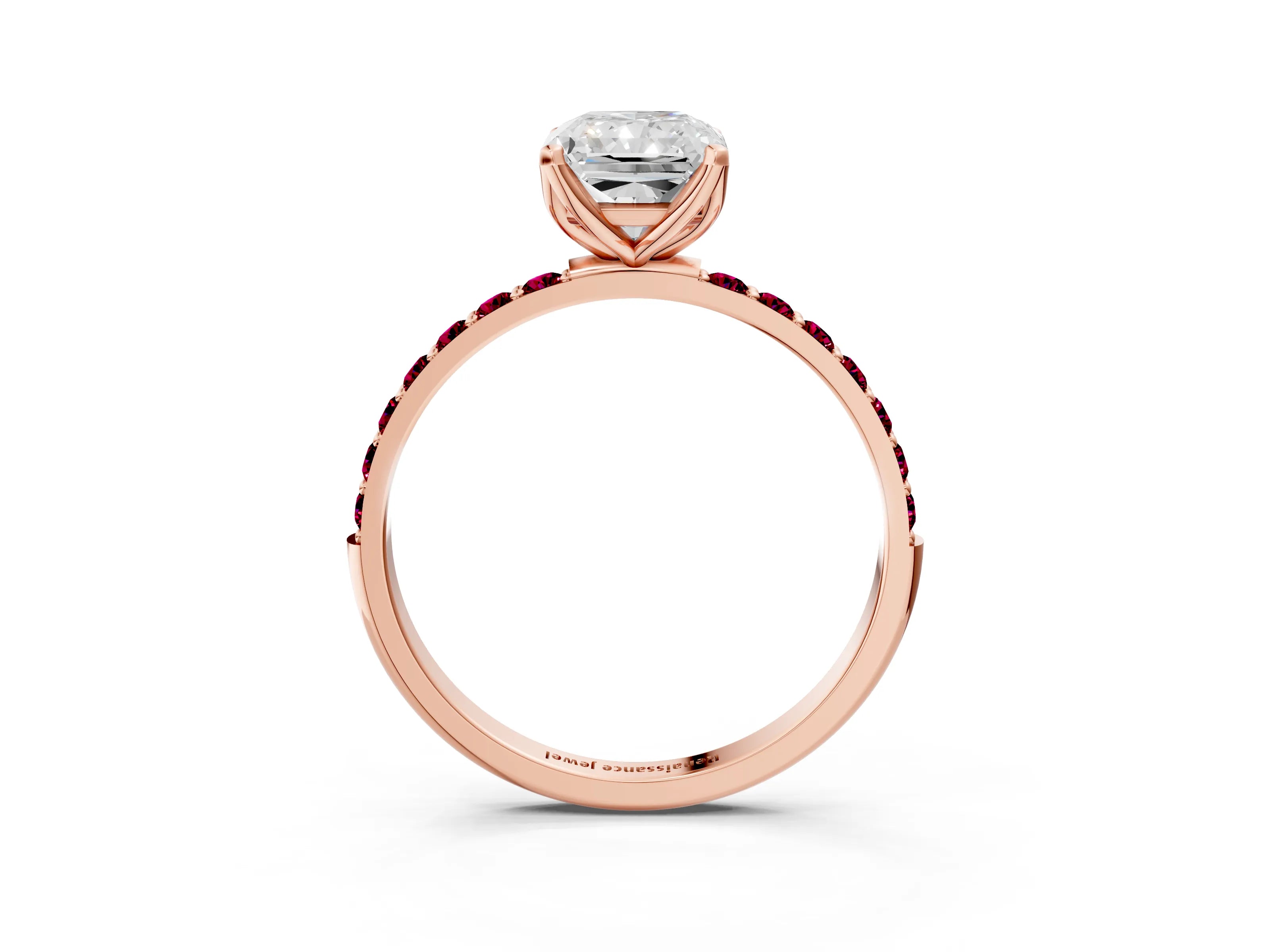 Rose gold Radiant Cut Diamond Solitaire Engagement Ring with Round with Garnet side stone Pavé Band and Prong Setting_3