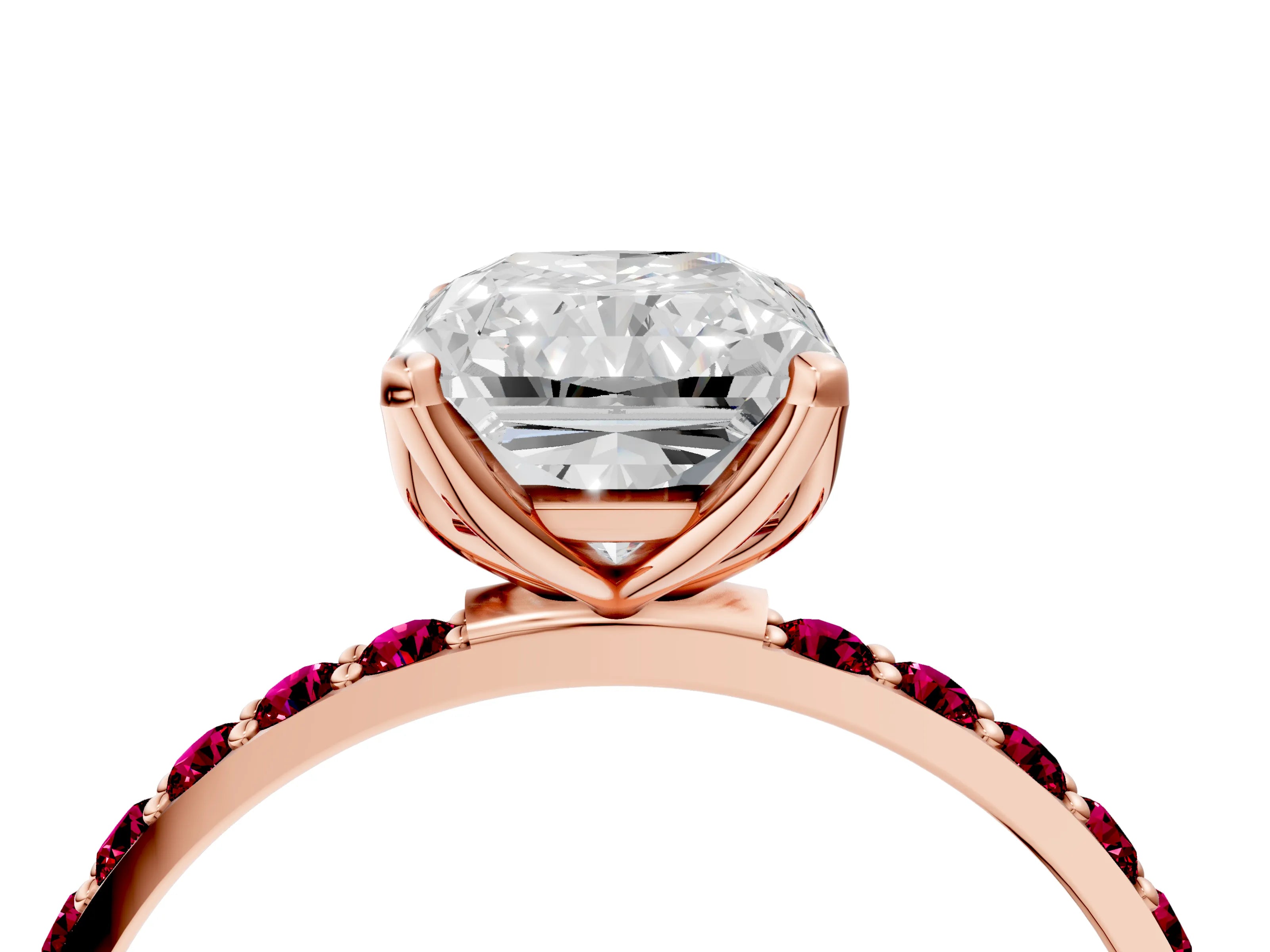Rose gold Radiant Cut Diamond Solitaire Engagement Ring with Round with Garnet side stone Pavé Band and Prong Setting_4