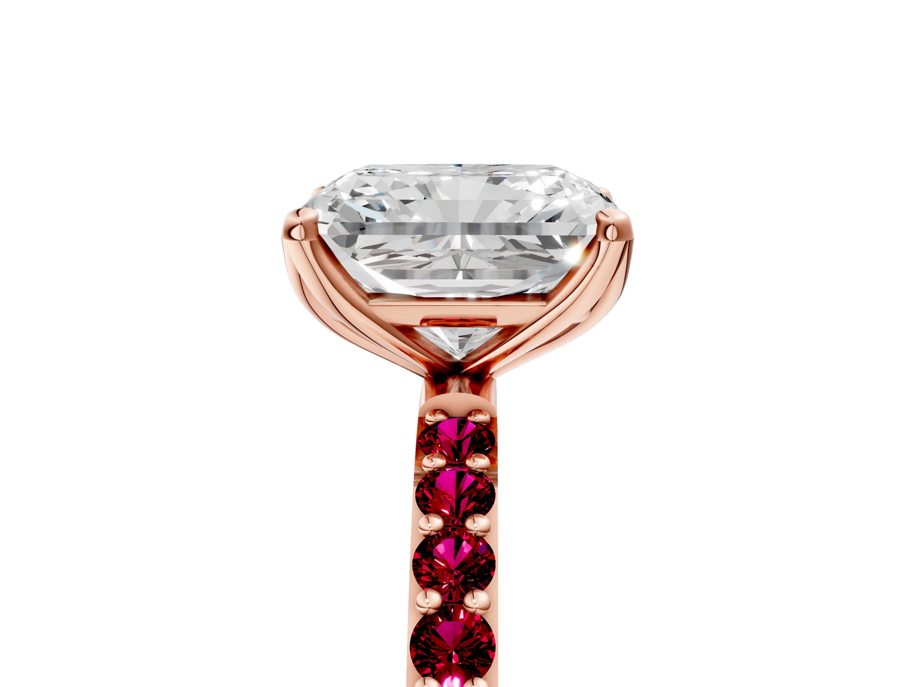 Rose gold Radiant Cut Diamond Solitaire Engagement Ring with Round with Garnet side stone Pavé Band and Prong Setting_5