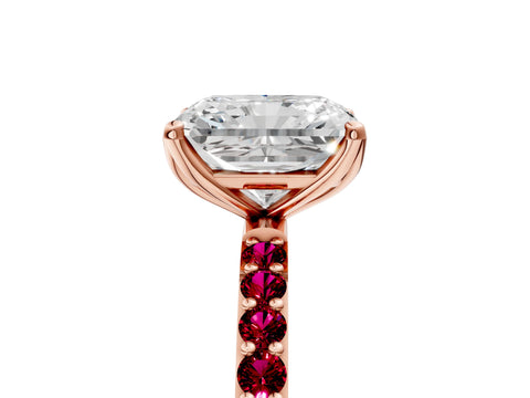 Rose gold Radiant Cut Diamond Solitaire Engagement Ring with Round with Garnet side stone Pavé Band and Prong Setting_5