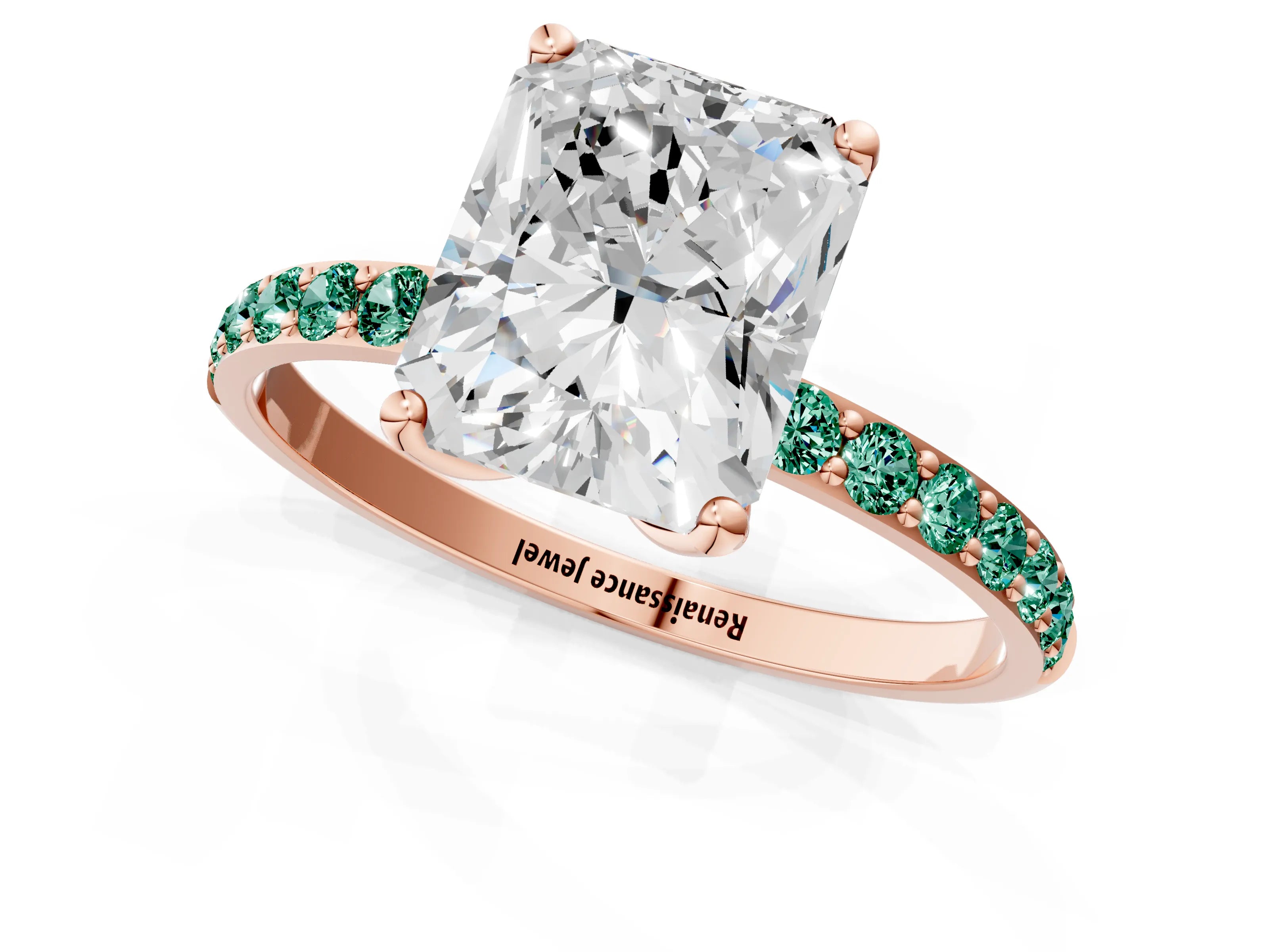 Rose gold Radiant Cut Diamond Solitaire Engagement Ring with Round with Green Sapphire side stone Pavé Band and Prong Setting_1