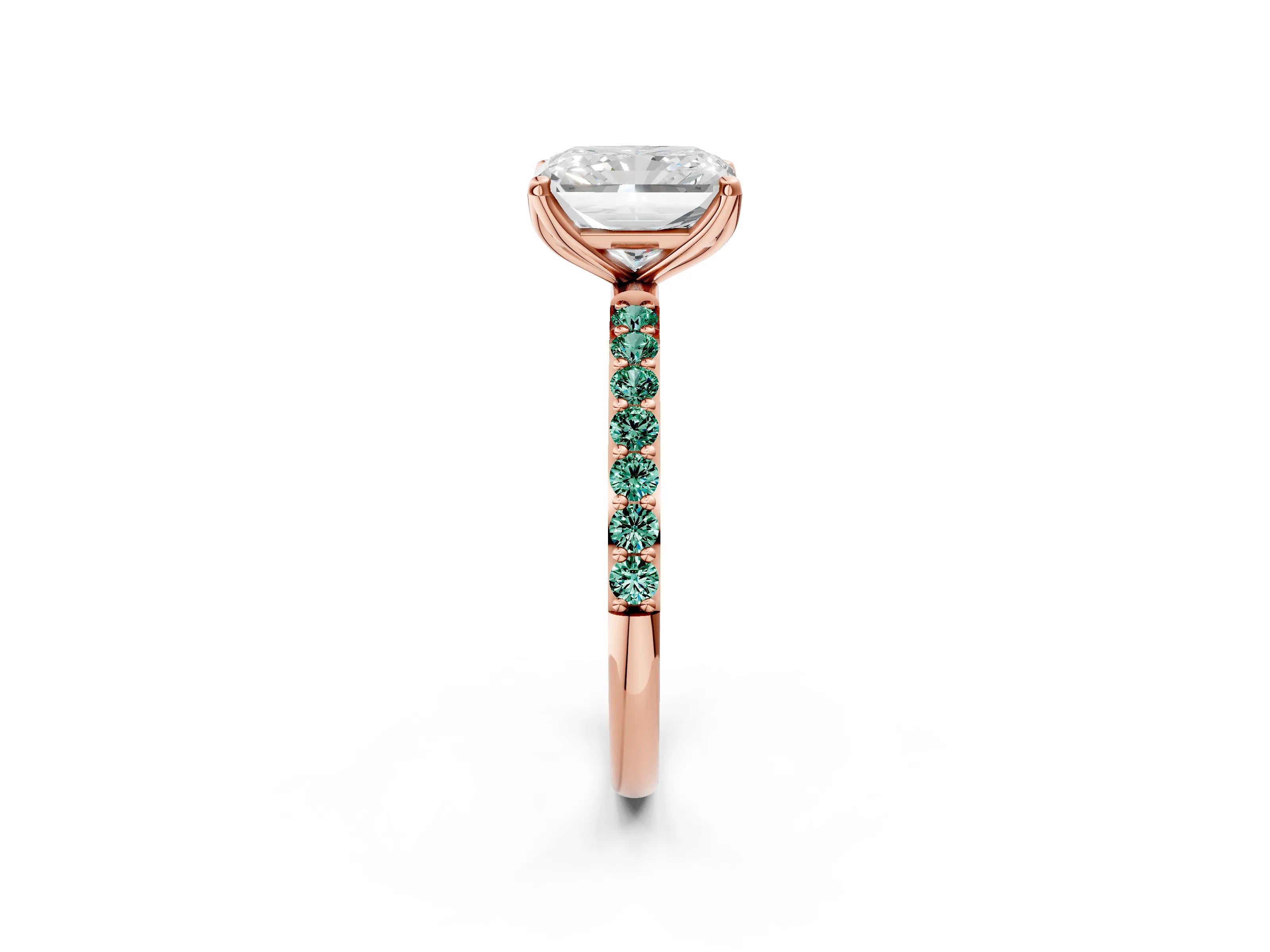 Rose gold Radiant Cut Diamond Solitaire Engagement Ring with Round with Green Sapphire side stone Pavé Band and Prong Setting_2