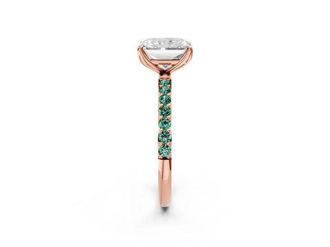 Rose gold Radiant Cut Diamond Solitaire Engagement Ring with Round with Green Sapphire side stone Pavé Band and Prong Setting_2