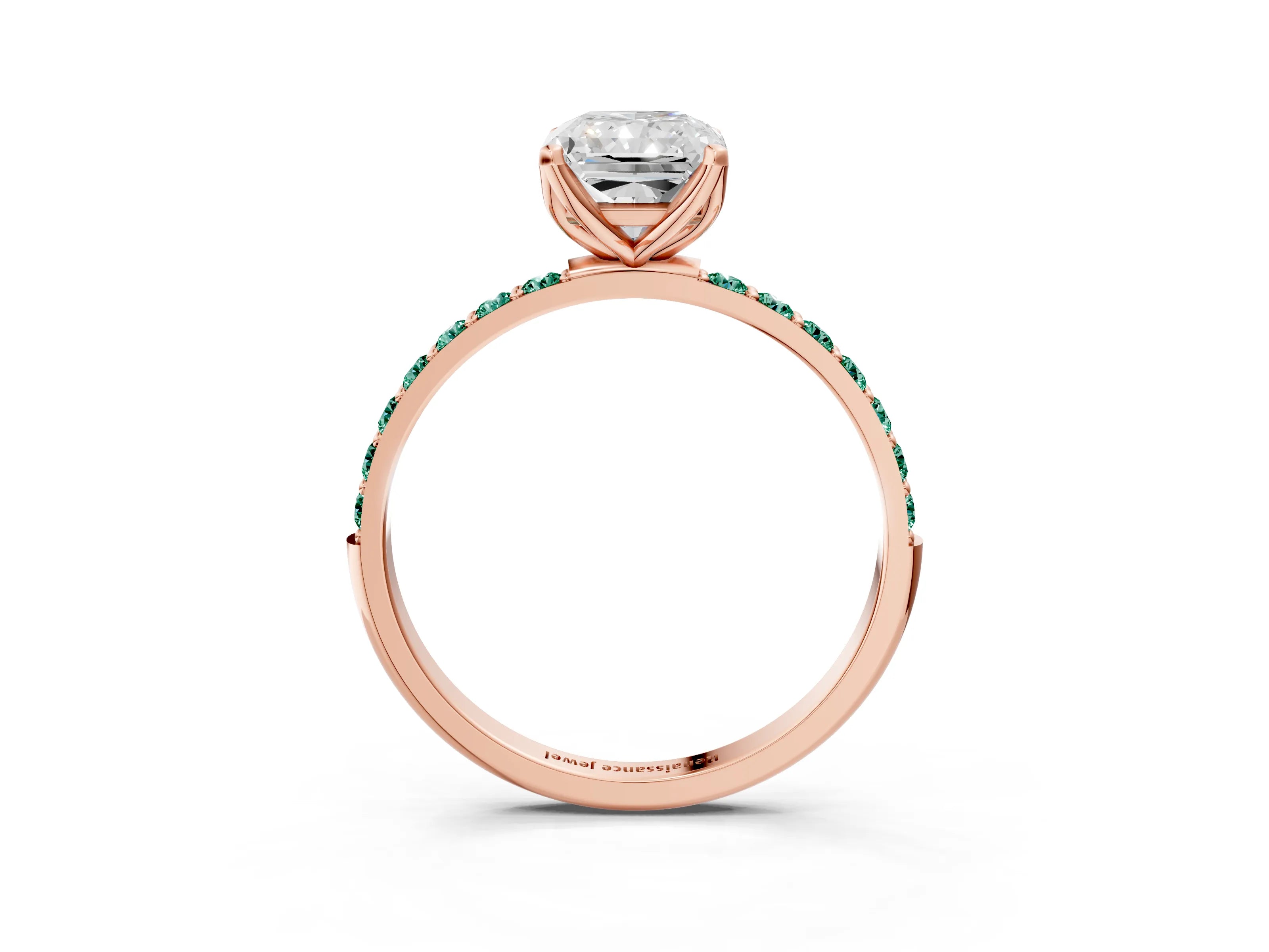 Rose gold Radiant Cut Diamond Solitaire Engagement Ring with Round with Green Sapphire side stone Pavé Band and Prong Setting_3