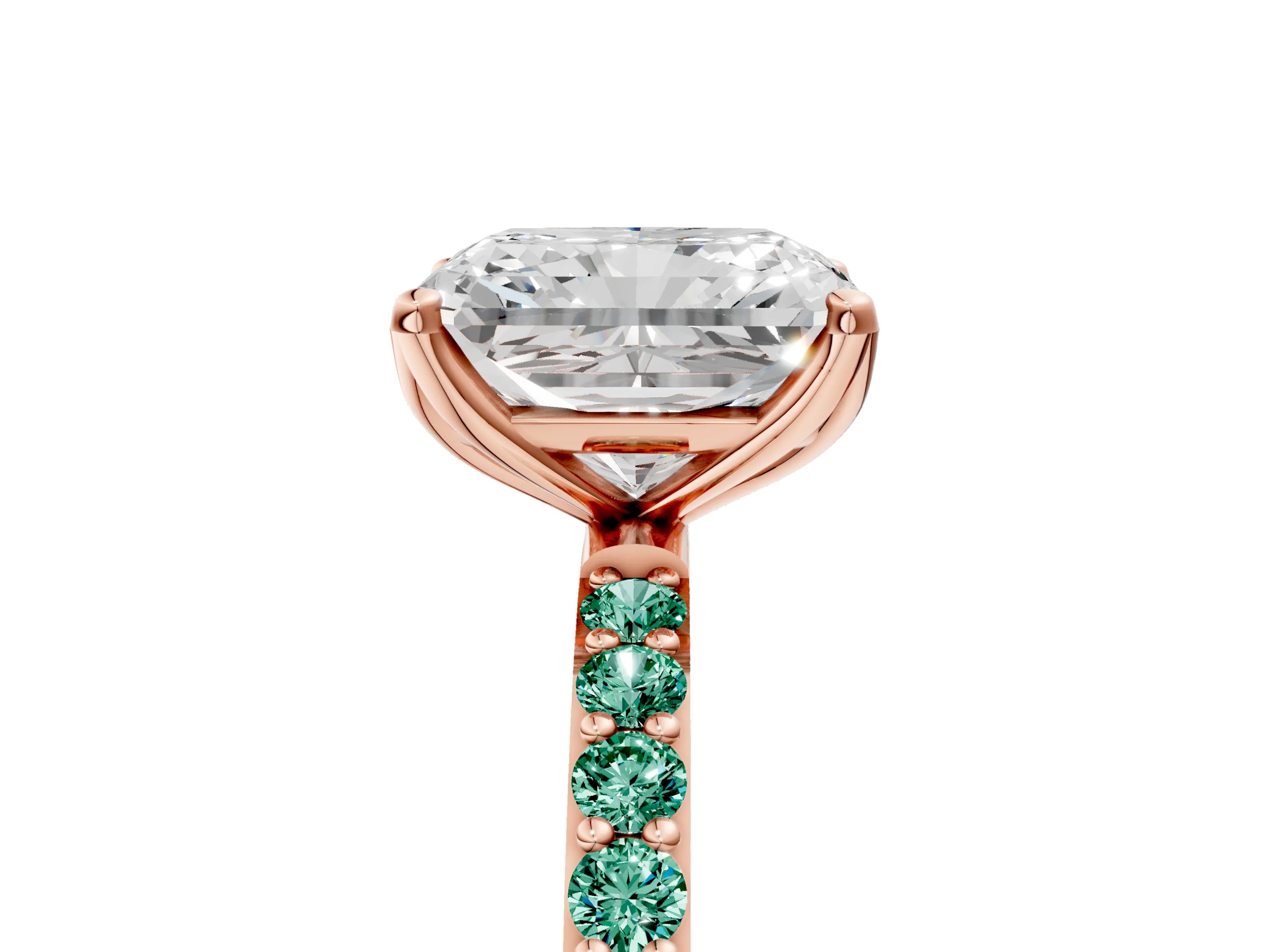Rose gold Radiant Cut Diamond Solitaire Engagement Ring with Round with Green Sapphire side stone Pavé Band and Prong Setting_5