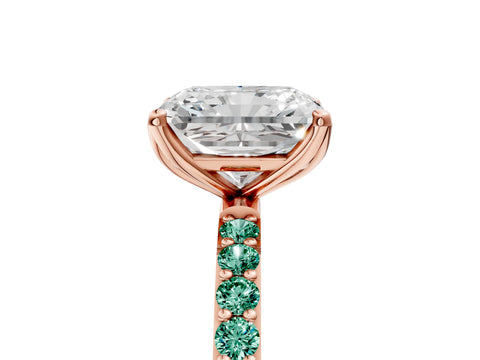Rose gold Radiant Cut Diamond Solitaire Engagement Ring with Round with Green Sapphire side stone Pavé Band and Prong Setting_5