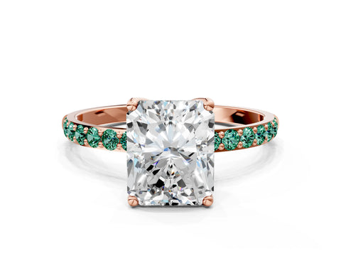 Rose gold Radiant Cut Diamond Solitaire Engagement Ring with Round with Green Sapphire side stone Pavé Band and Prong Setting