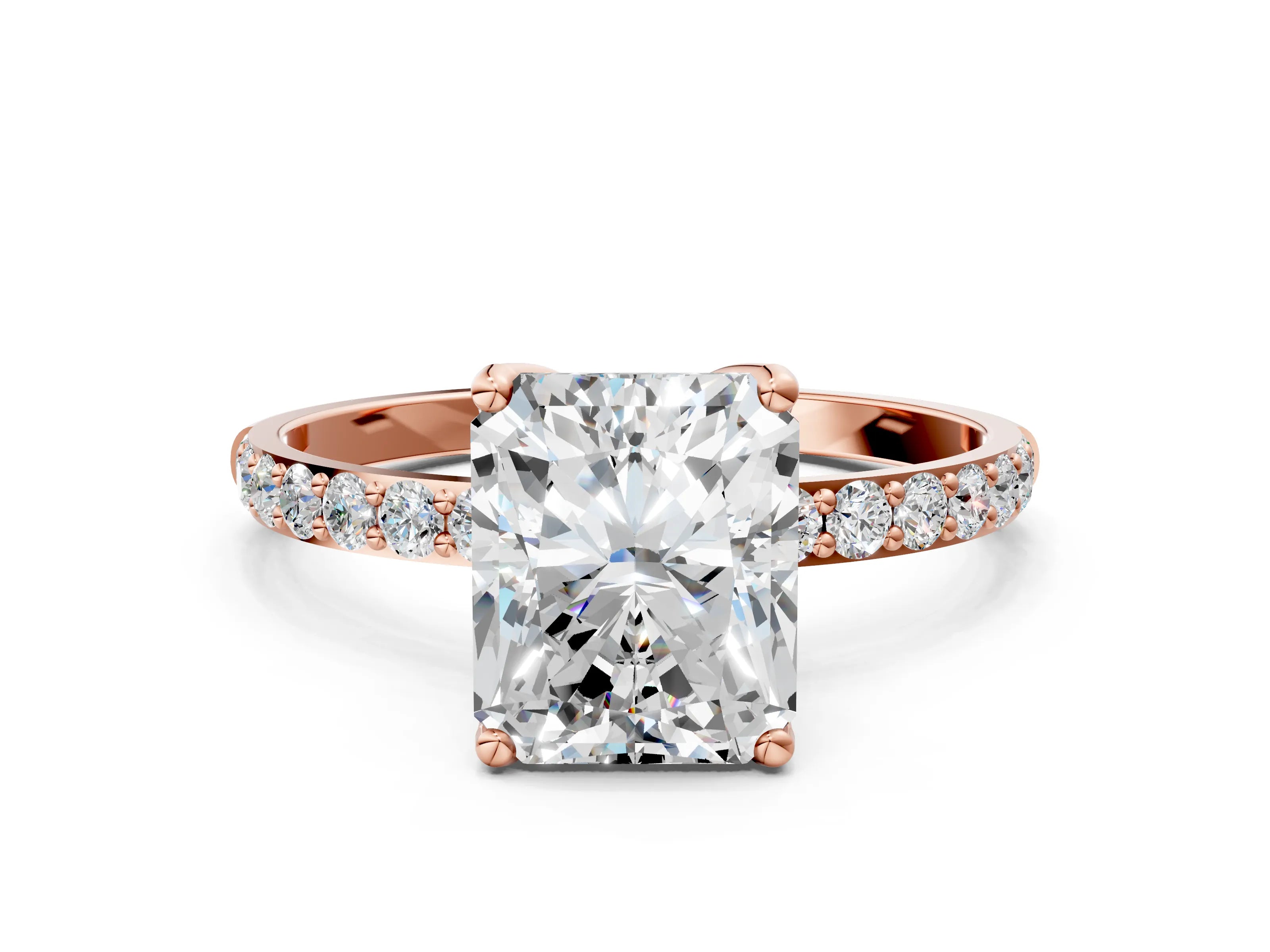 Rose gold Radiant Cut Diamond Solitaire Engagement Ring with Round with Moissanite side stone Pavé Band and Prong Setting