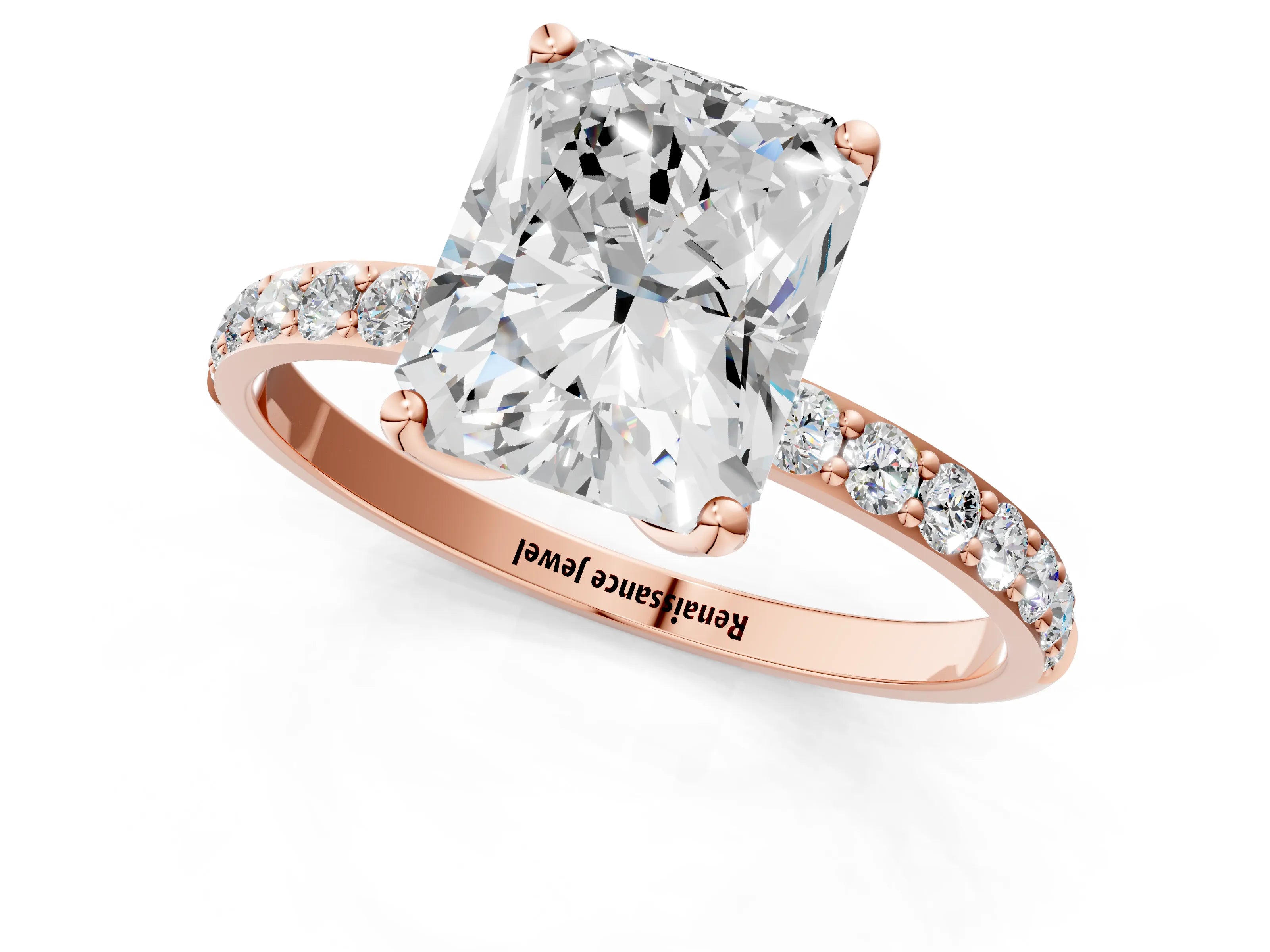Rose gold Radiant Cut Diamond Solitaire Engagement Ring with Round with Moissanite side stone Pavé Band and Prong Setting_1
