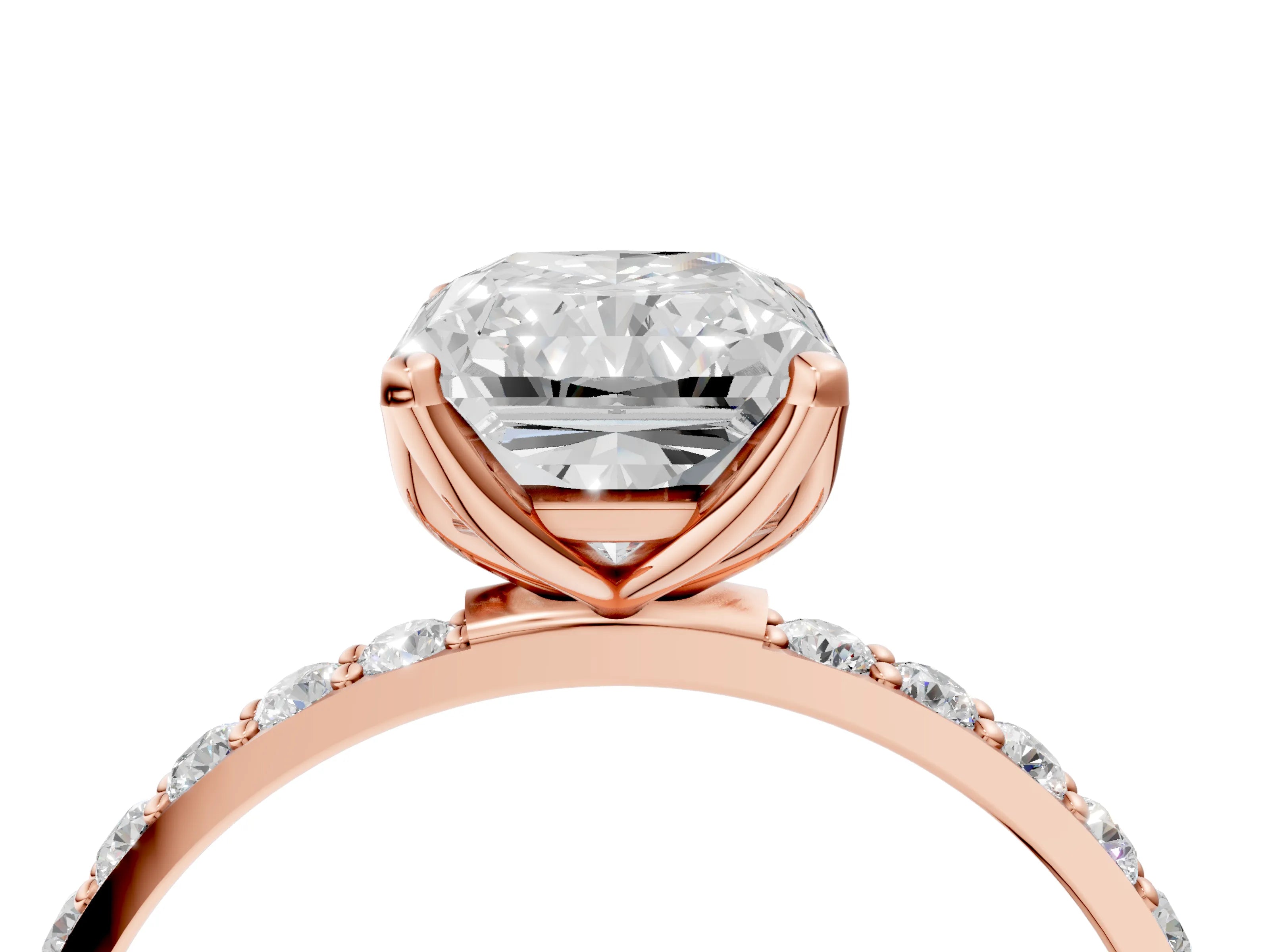 Rose gold Radiant Cut Diamond Solitaire Engagement Ring with Round with Moissanite side stone Pavé Band and Prong Setting_4