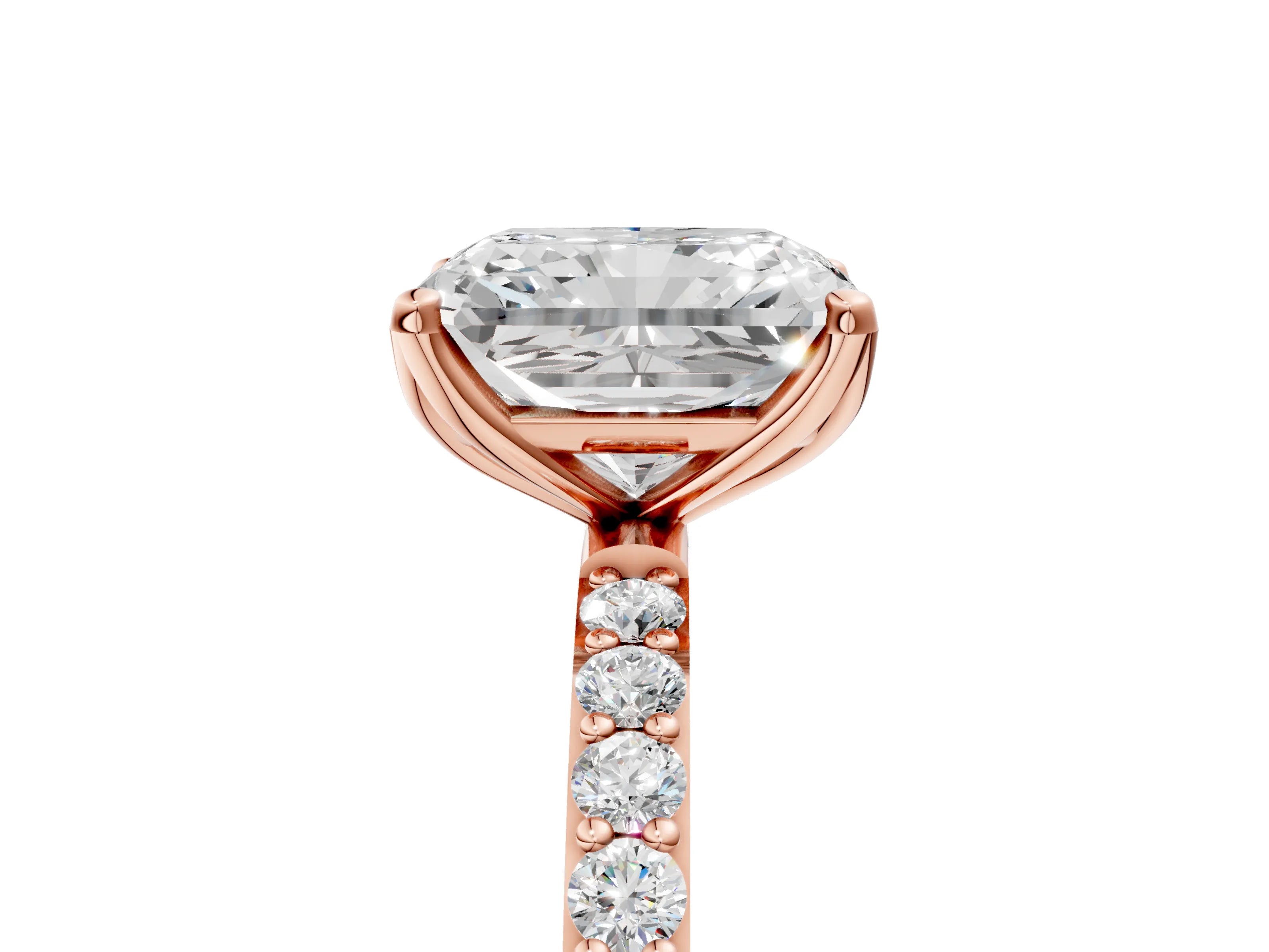 Rose gold Radiant Cut Diamond Solitaire Engagement Ring with Round with Moissanite side stone Pavé Band and Prong Setting_5