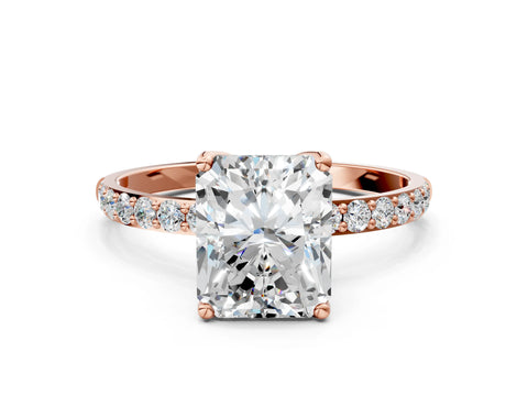 Rose gold Radiant Cut Diamond Solitaire Engagement Ring with Round with Moissanite side stone Pavé Band and Prong Setting