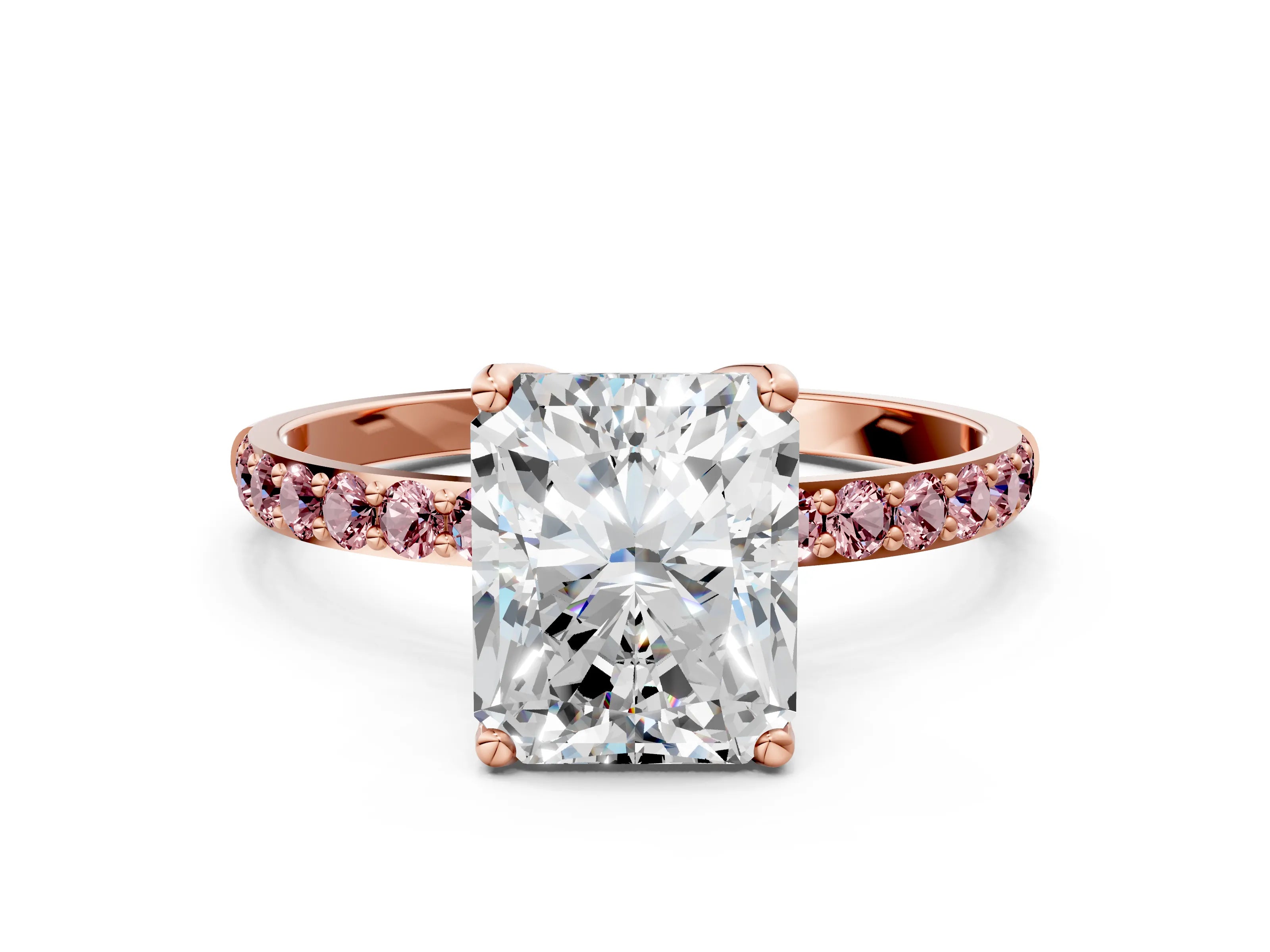 Rose gold Radiant Cut Diamond Solitaire Engagement Ring with Round with Morganite side stone Pavé Band and Prong Setting