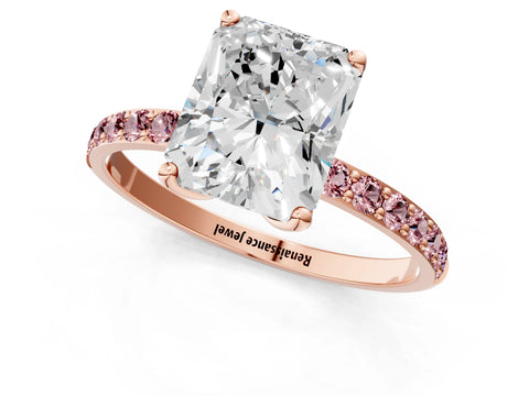 Rose gold Radiant Cut Diamond Solitaire Engagement Ring with Round with Morganite side stone Pavé Band and Prong Setting_1