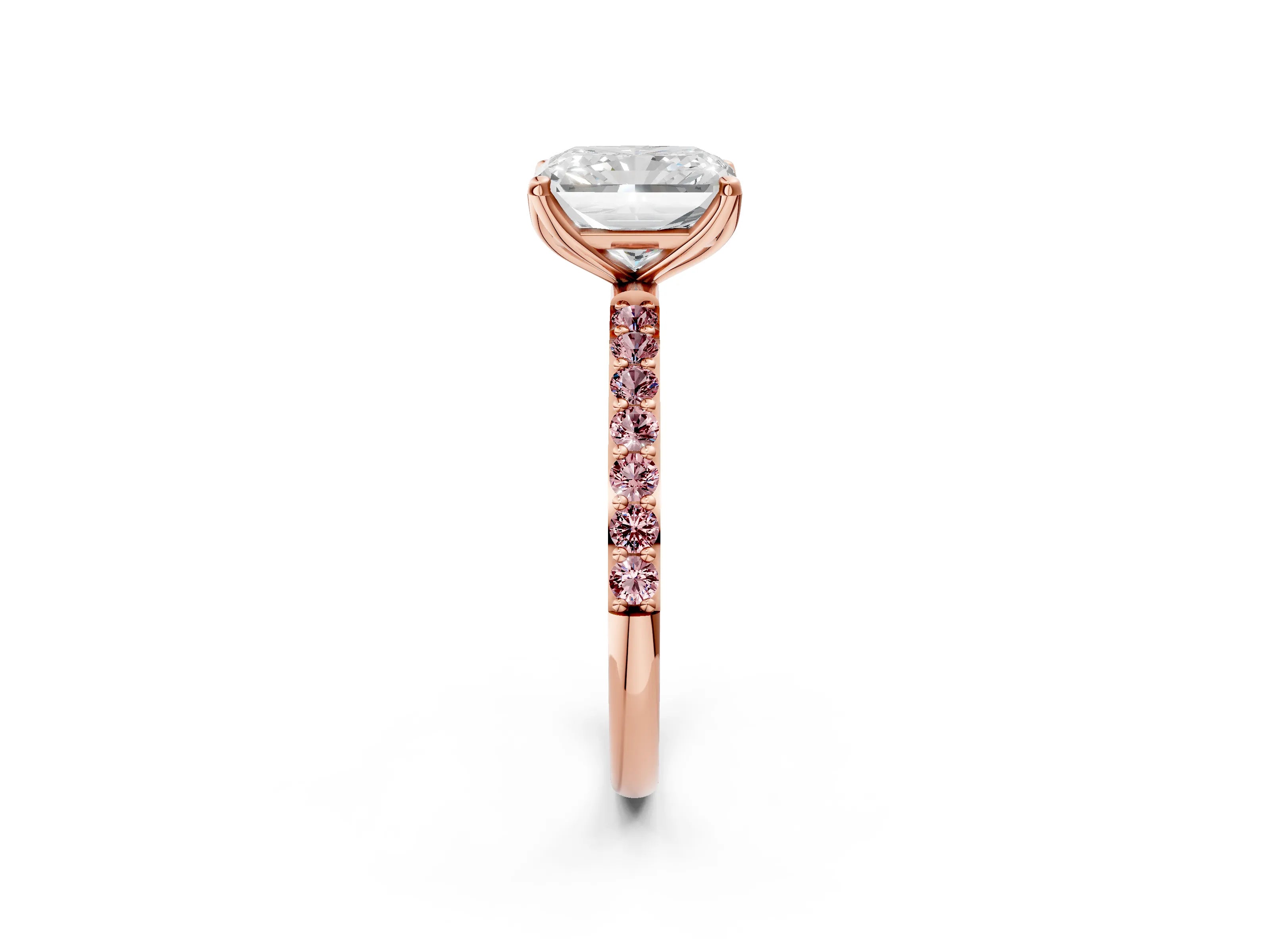 Rose gold Radiant Cut Diamond Solitaire Engagement Ring with Round with Morganite side stone Pavé Band and Prong Setting_2