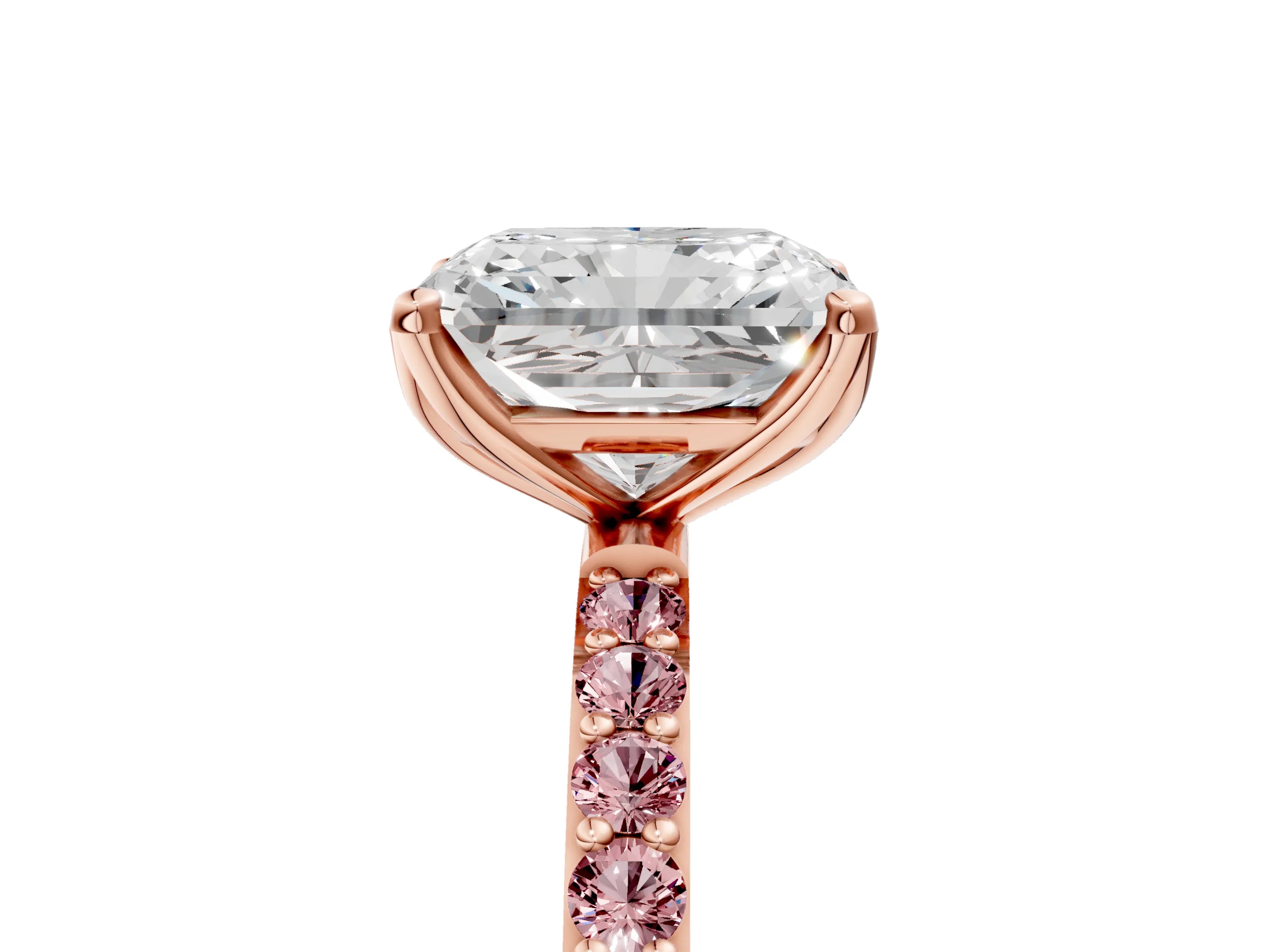 Rose gold Radiant Cut Diamond Solitaire Engagement Ring with Round with Morganite side stone Pavé Band and Prong Setting_5