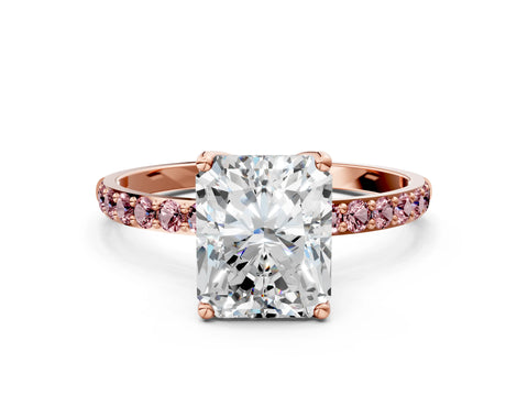 Rose gold Radiant Cut Diamond Solitaire Engagement Ring with Round with Morganite side stone Pavé Band and Prong Setting