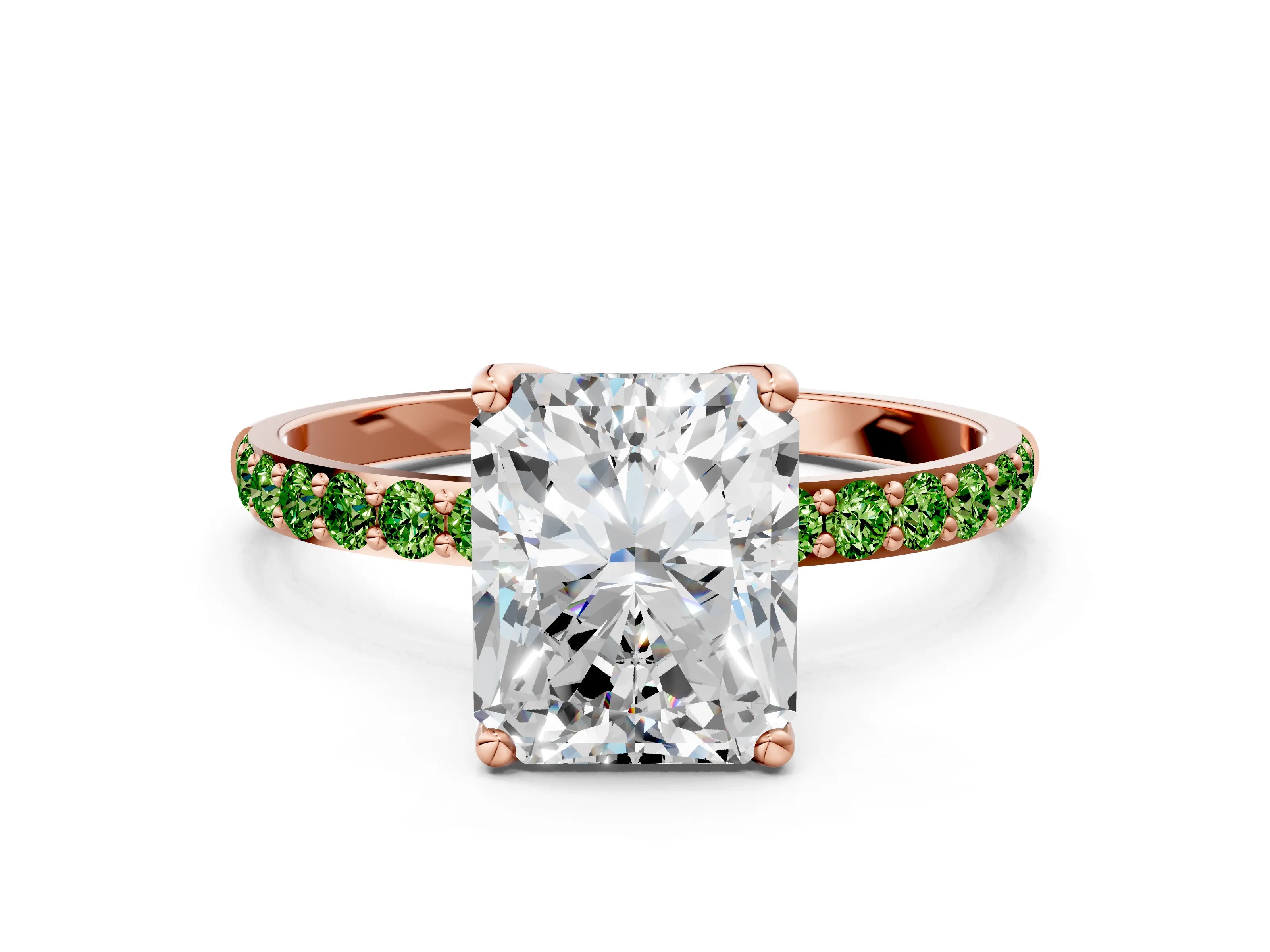 Rose gold Radiant Cut Diamond Solitaire Engagement Ring with Round with Peridot side stone Pavé Band and Prong Setting