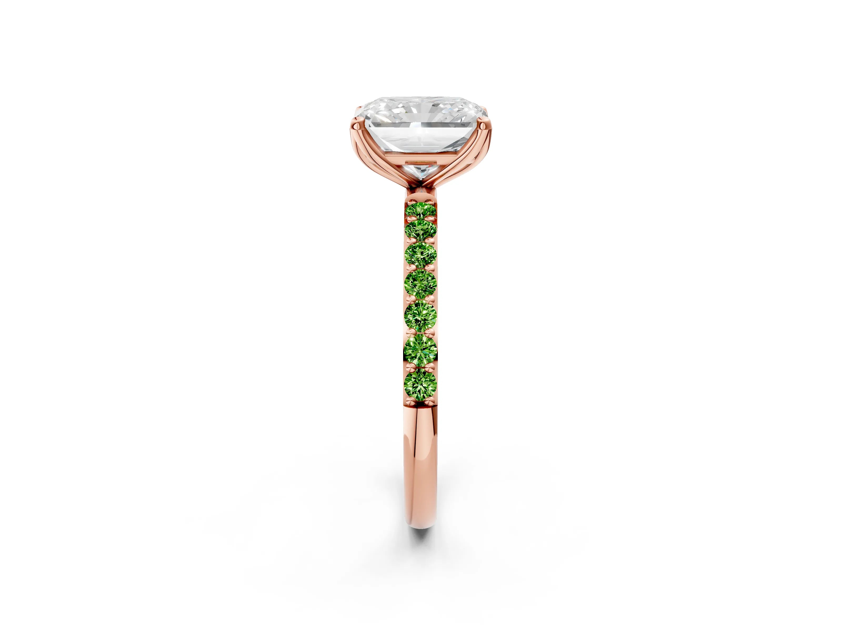 Rose gold Radiant Cut Diamond Solitaire Engagement Ring with Round with Peridot side stone Pavé Band and Prong Setting_2