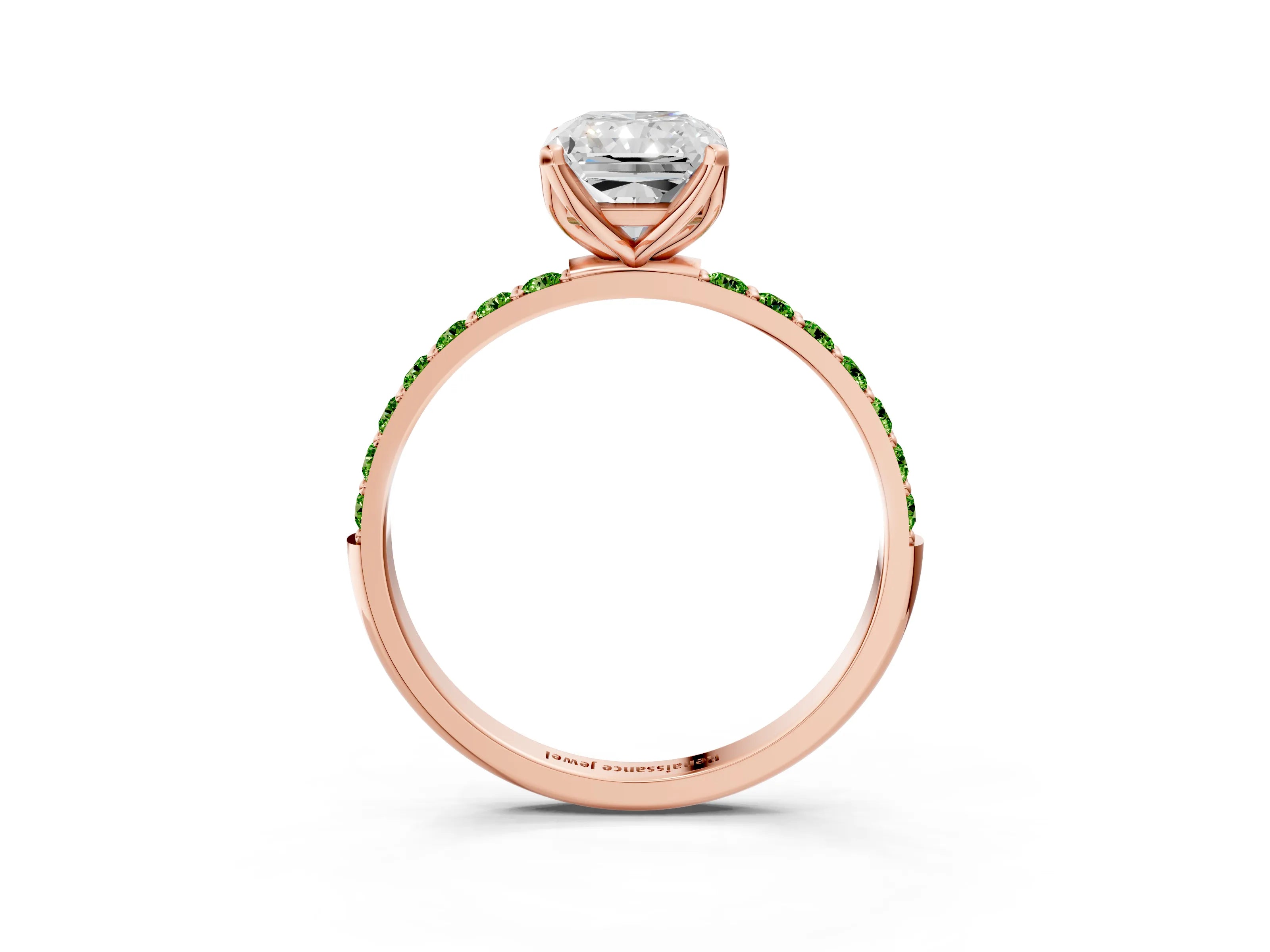 Rose gold Radiant Cut Diamond Solitaire Engagement Ring with Round with Peridot side stone Pavé Band and Prong Setting_3