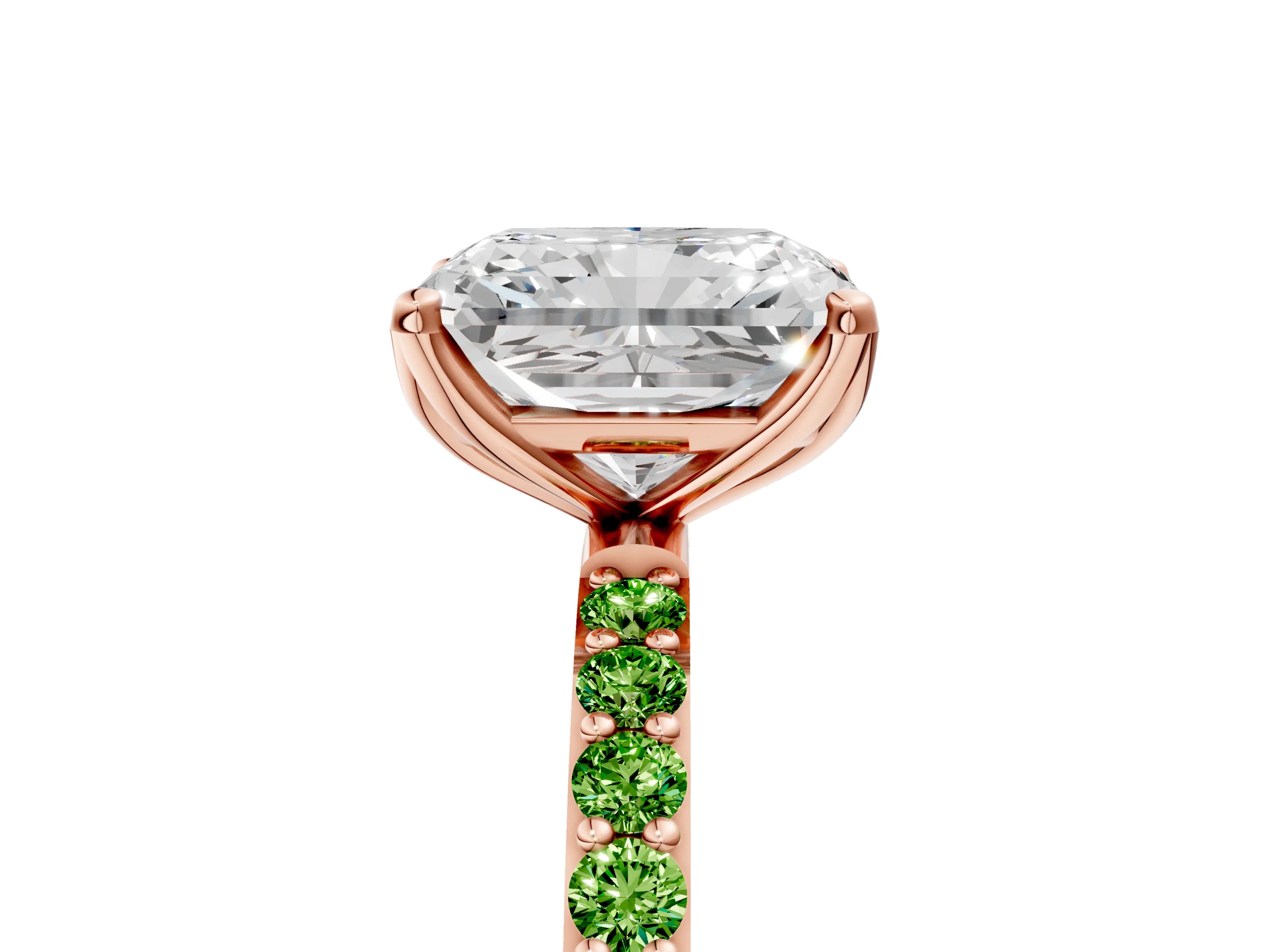 Rose gold Radiant Cut Diamond Solitaire Engagement Ring with Round with Peridot side stone Pavé Band and Prong Setting_5