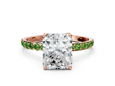 Rose gold Radiant Cut Diamond Solitaire Engagement Ring with Round with Peridot side stone Pavé Band and Prong Setting