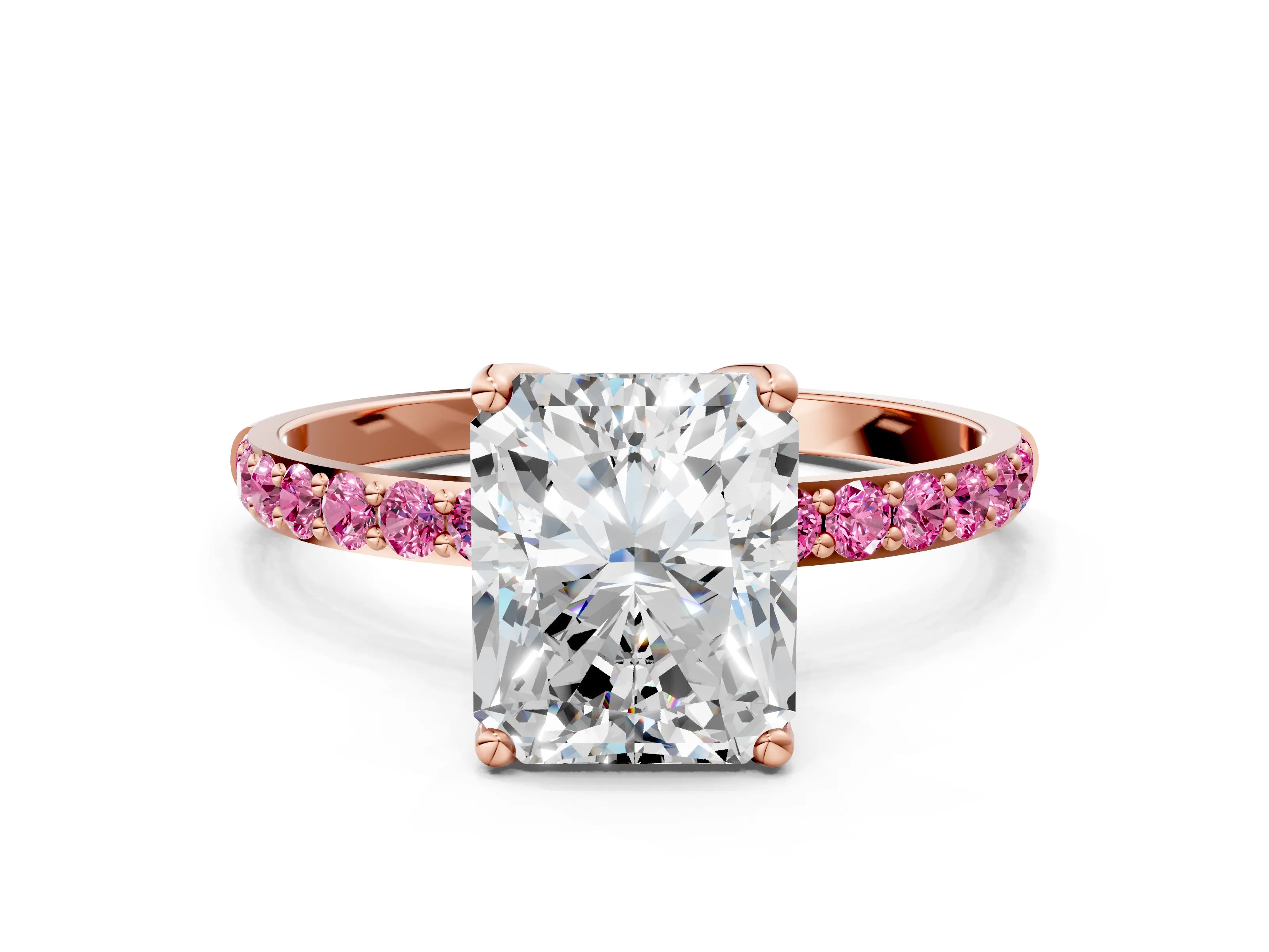 Rose gold Radiant Cut Diamond Solitaire Engagement Ring with Round with Pink Sapphire side stone Pavé Band and Prong Setting