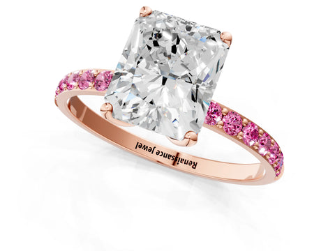 Rose gold Radiant Cut Diamond Solitaire Engagement Ring with Round with Pink Sapphire side stone Pavé Band and Prong Setting_1