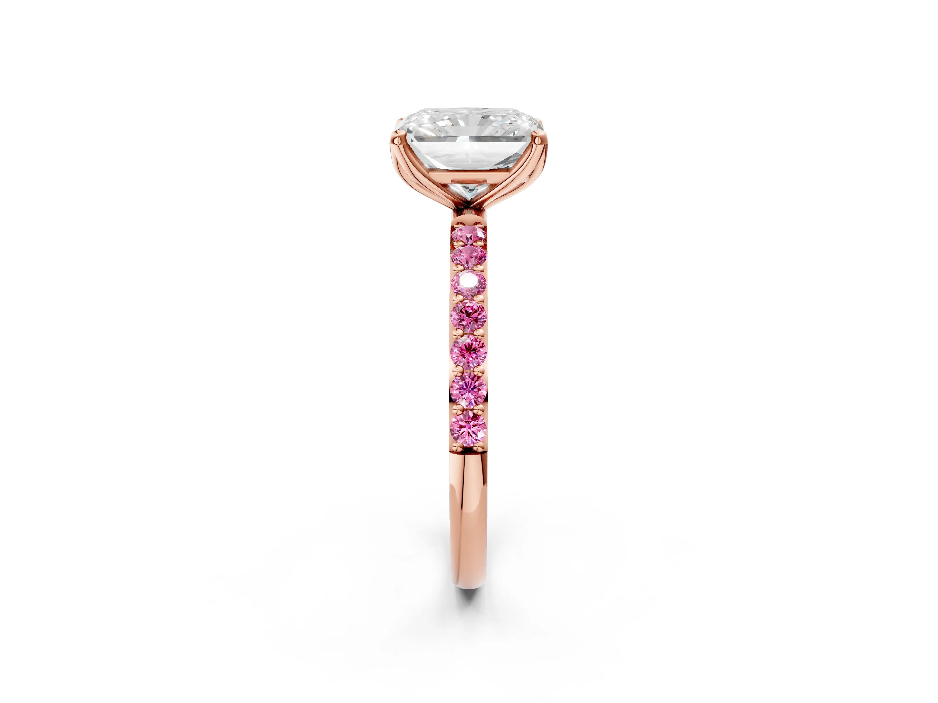 Rose gold Radiant Cut Diamond Solitaire Engagement Ring with Round with Pink Sapphire side stone Pavé Band and Prong Setting_2