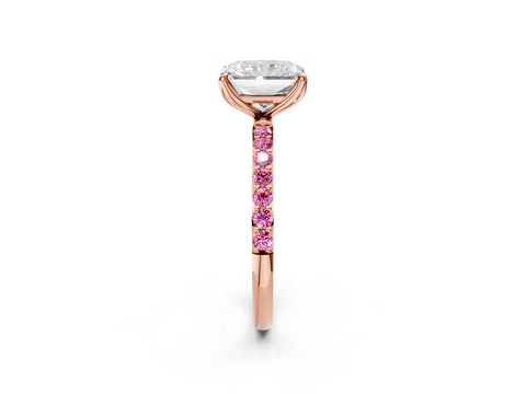 Rose gold Radiant Cut Diamond Solitaire Engagement Ring with Round with Pink Sapphire side stone Pavé Band and Prong Setting_2