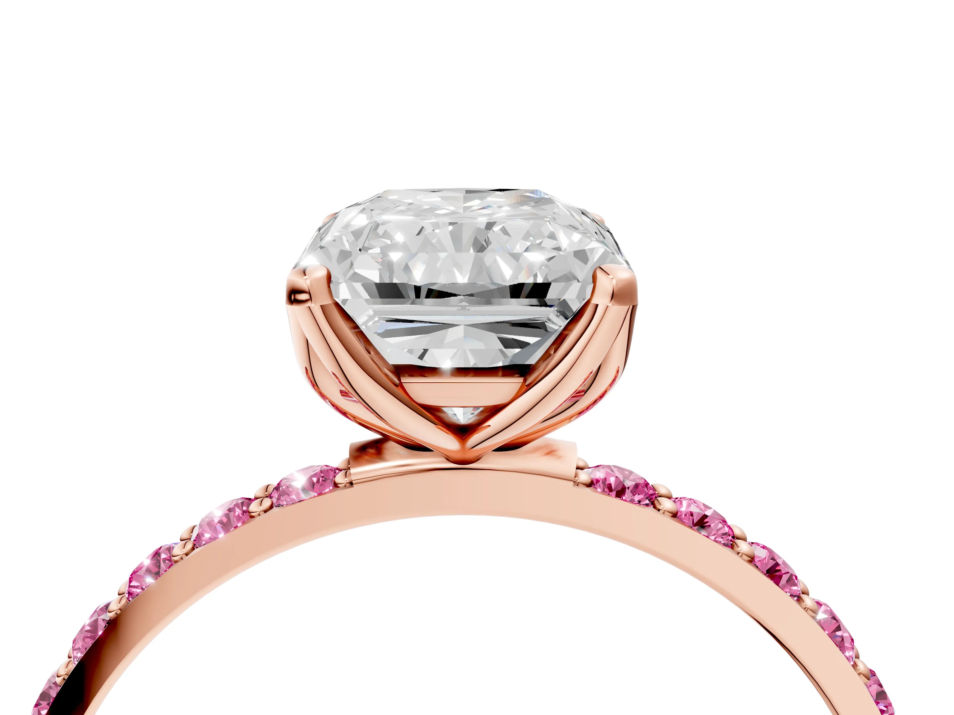 Rose gold Radiant Cut Diamond Solitaire Engagement Ring with Round with Pink Sapphire side stone Pavé Band and Prong Setting_4