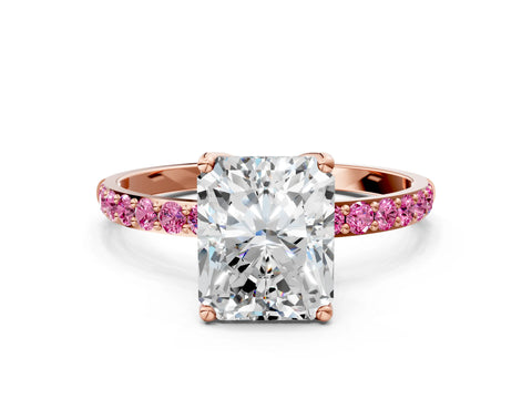 Rose gold Radiant Cut Diamond Solitaire Engagement Ring with Round with Pink Sapphire side stone Pavé Band and Prong Setting