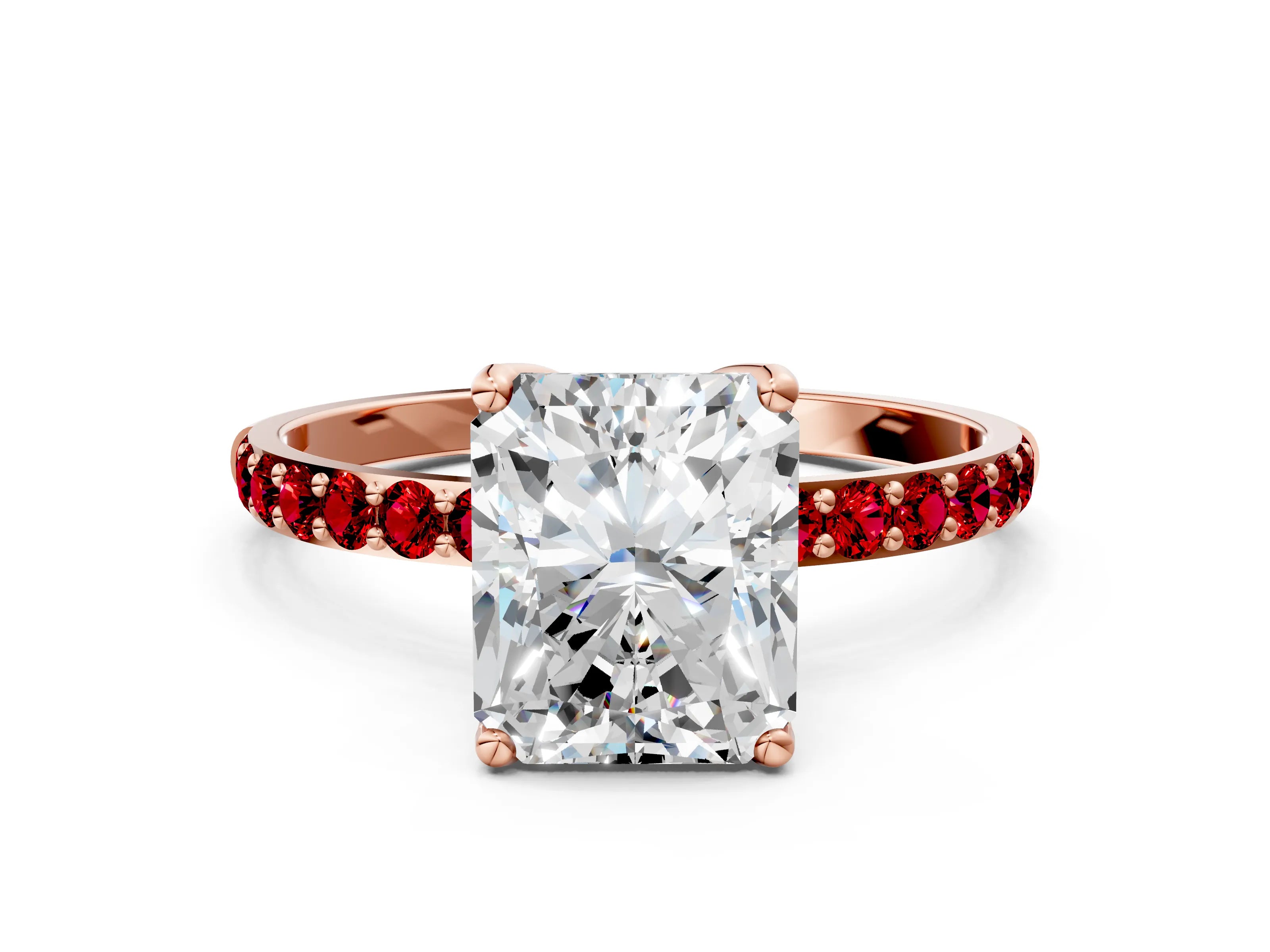Rose gold Radiant Cut Diamond Solitaire Engagement Ring with Round with Ruby side stone Pavé Band and Prong Setting