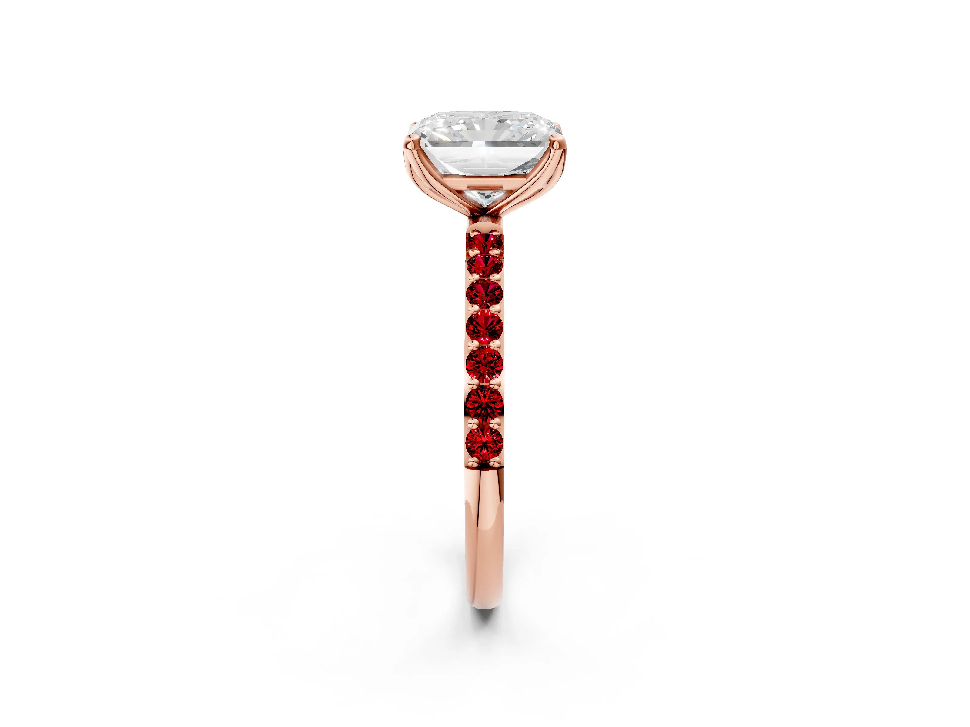 Rose gold Radiant Cut Diamond Solitaire Engagement Ring with Round with Ruby side stone Pavé Band and Prong Setting_2