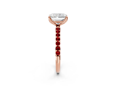 Rose gold Radiant Cut Diamond Solitaire Engagement Ring with Round with Ruby side stone Pavé Band and Prong Setting_2