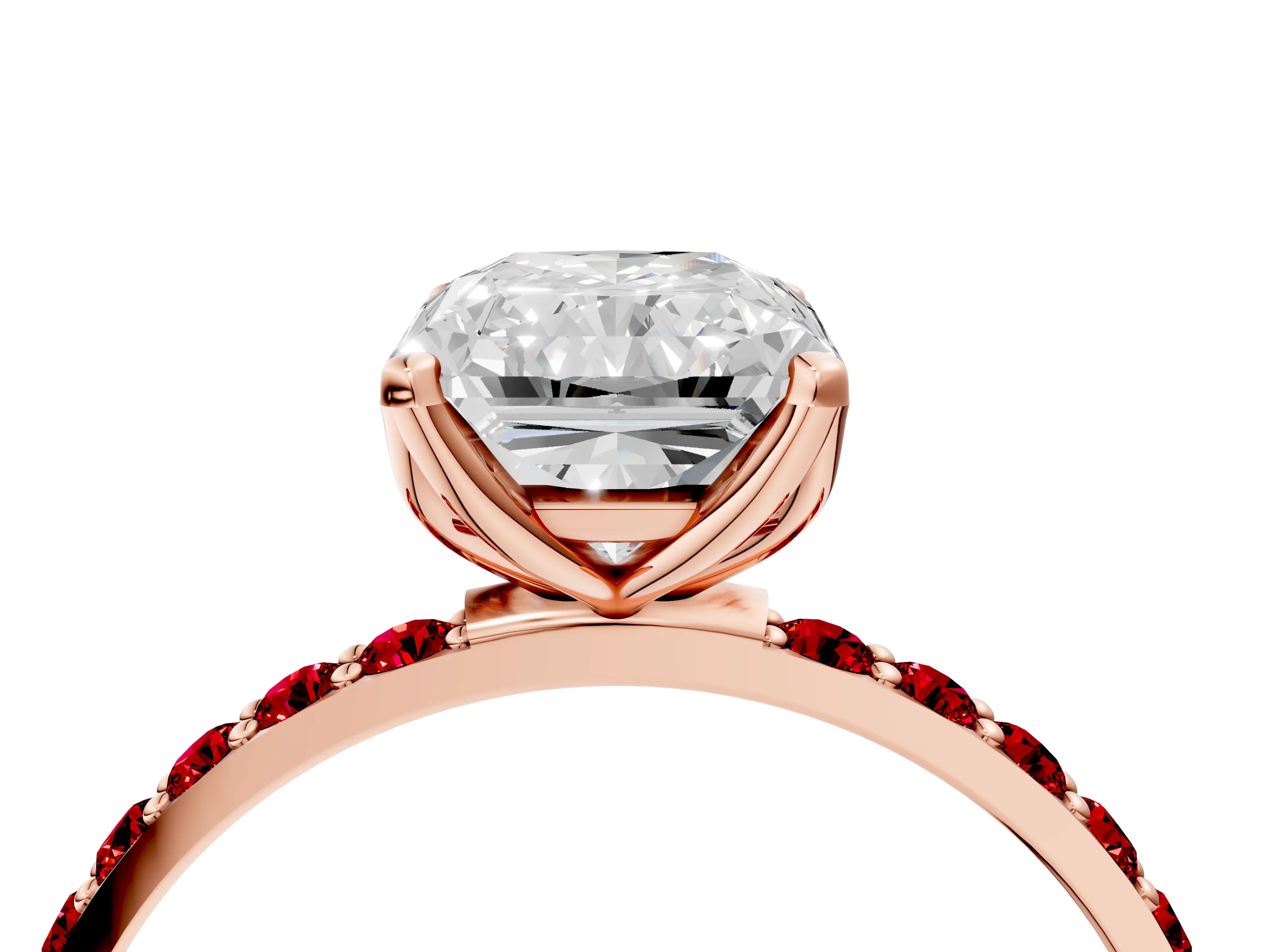 Rose gold Radiant Cut Diamond Solitaire Engagement Ring with Round with Ruby side stone Pavé Band and Prong Setting_4
