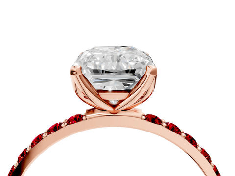 Rose gold Radiant Cut Diamond Solitaire Engagement Ring with Round with Ruby side stone Pavé Band and Prong Setting_4
