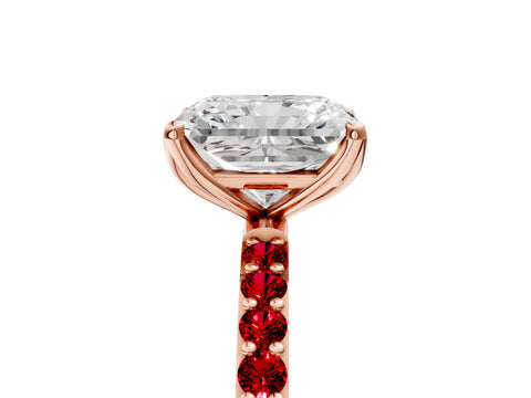Rose gold Radiant Cut Diamond Solitaire Engagement Ring with Round with Ruby side stone Pavé Band and Prong Setting_5