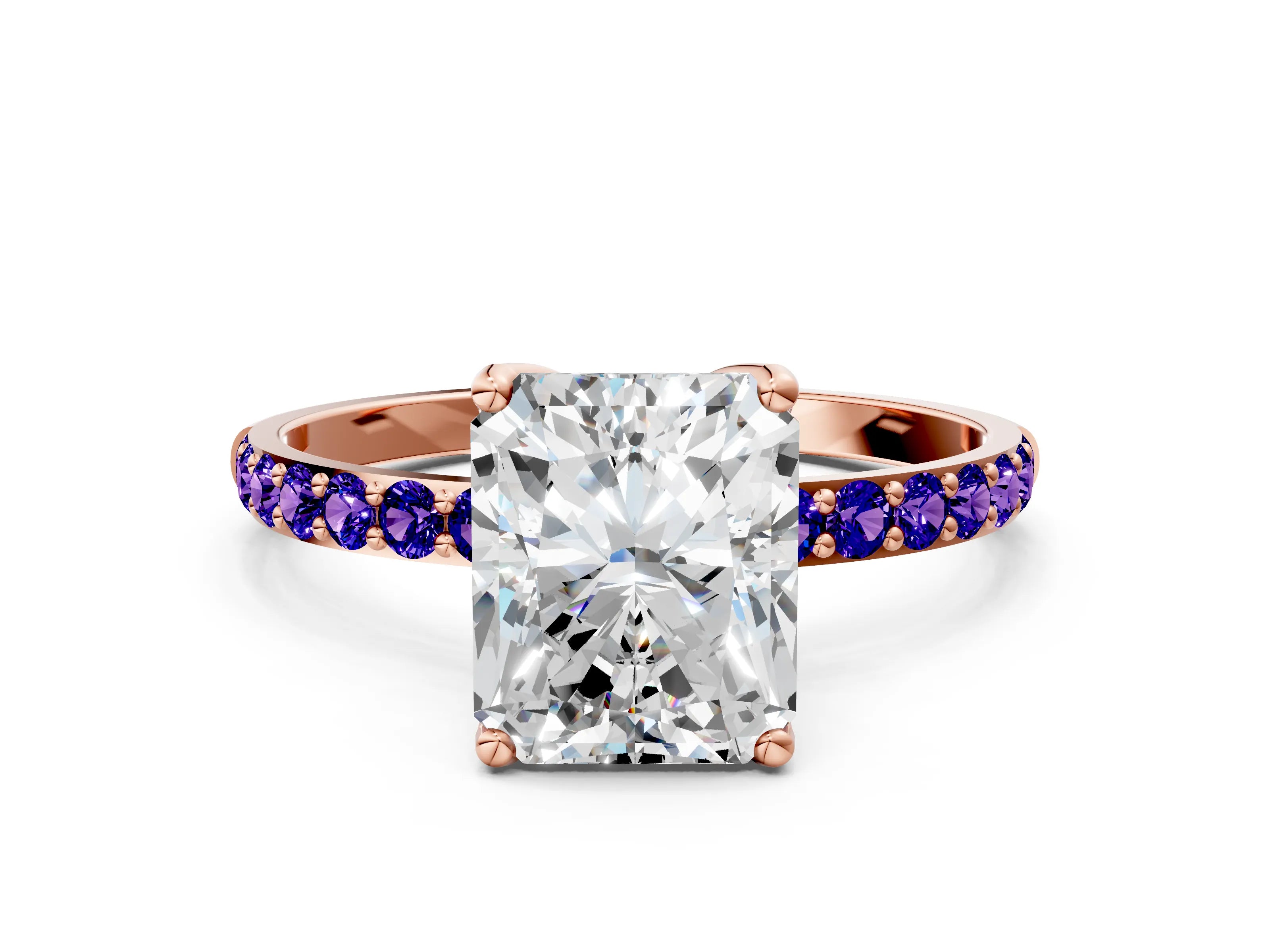 Rose gold Radiant Cut Diamond Solitaire Engagement Ring with Round with Tanzanite side stone Pavé Band and Prong Setting