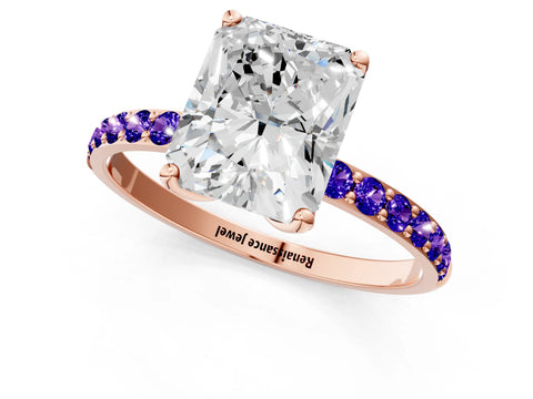 Rose gold Radiant Cut Diamond Solitaire Engagement Ring with Round with Tanzanite side stone Pavé Band and Prong Setting_1