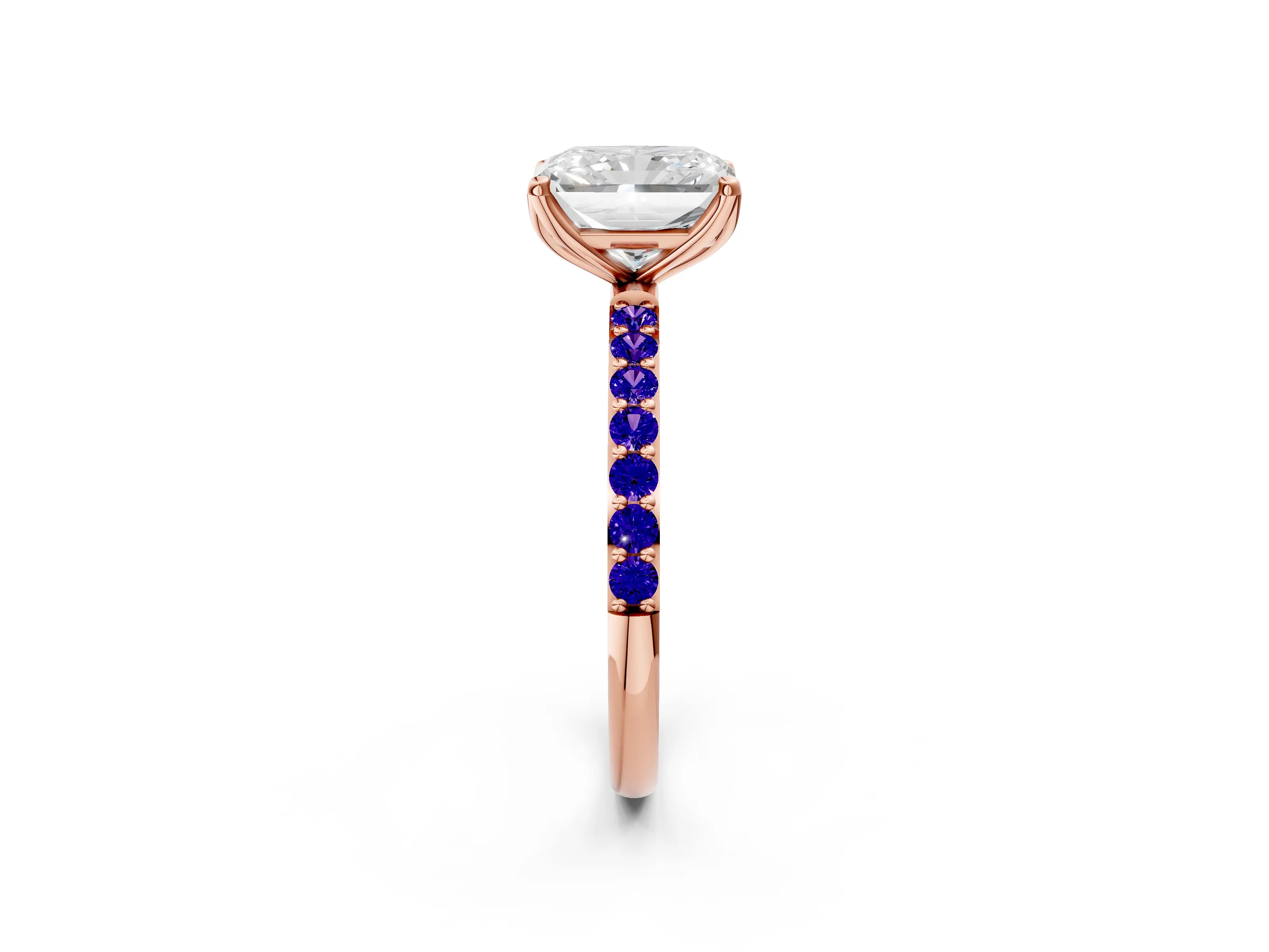 Rose gold Radiant Cut Diamond Solitaire Engagement Ring with Round with Tanzanite side stone Pavé Band and Prong Setting_2