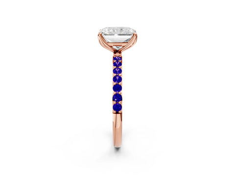 Rose gold Radiant Cut Diamond Solitaire Engagement Ring with Round with Tanzanite side stone Pavé Band and Prong Setting_2
