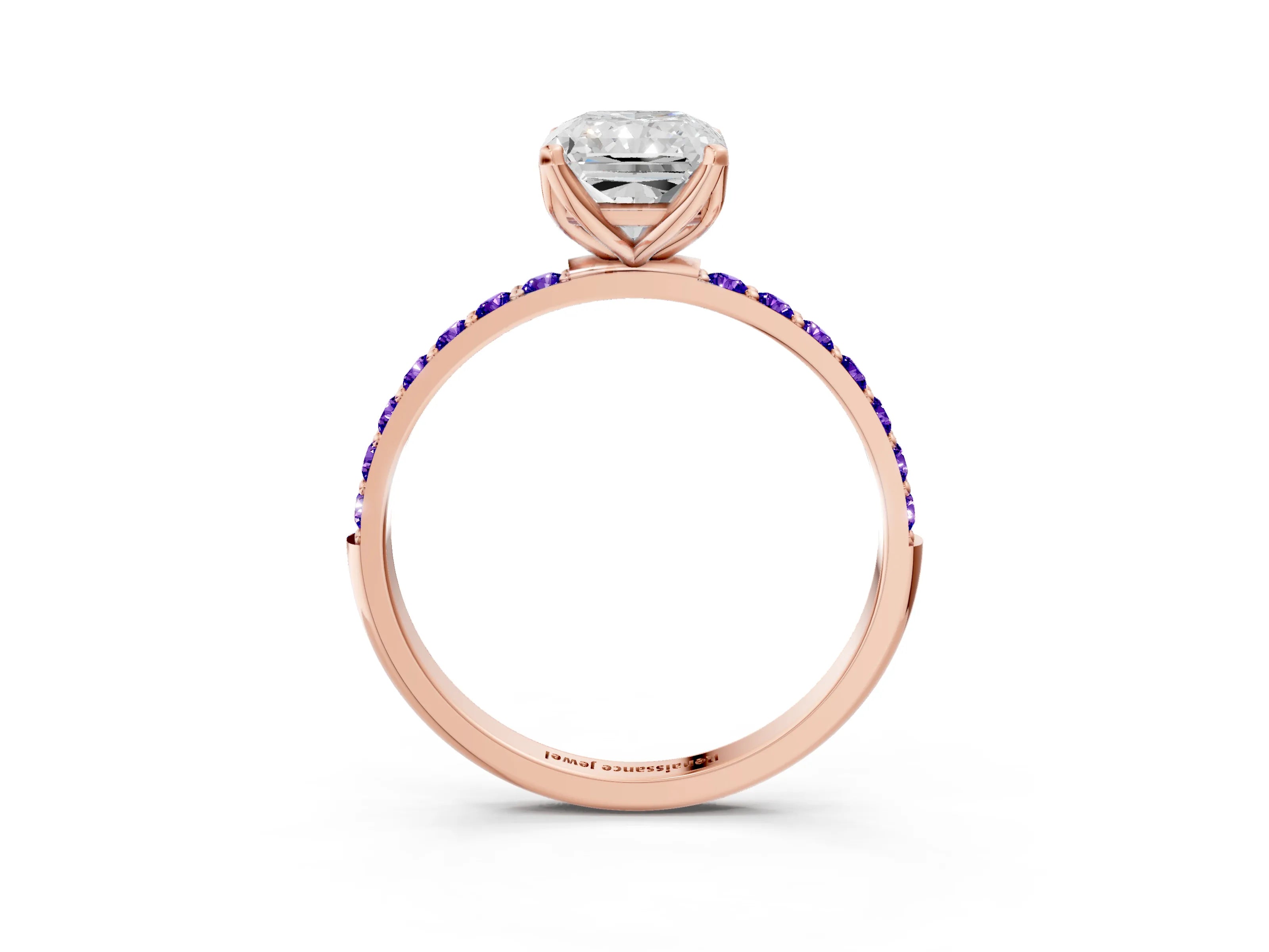 Rose gold Radiant Cut Diamond Solitaire Engagement Ring with Round with Tanzanite side stone Pavé Band and Prong Setting_3