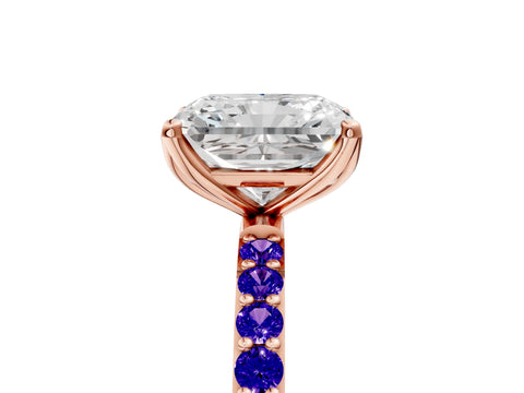 Rose gold Radiant Cut Diamond Solitaire Engagement Ring with Round with Tanzanite side stone Pavé Band and Prong Setting_5