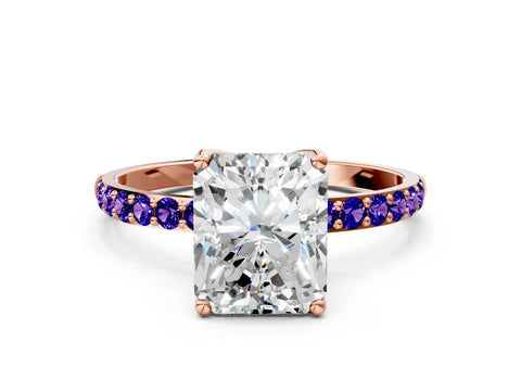 Rose gold Radiant Cut Diamond Solitaire Engagement Ring with Round with Tanzanite side stone Pavé Band and Prong Setting